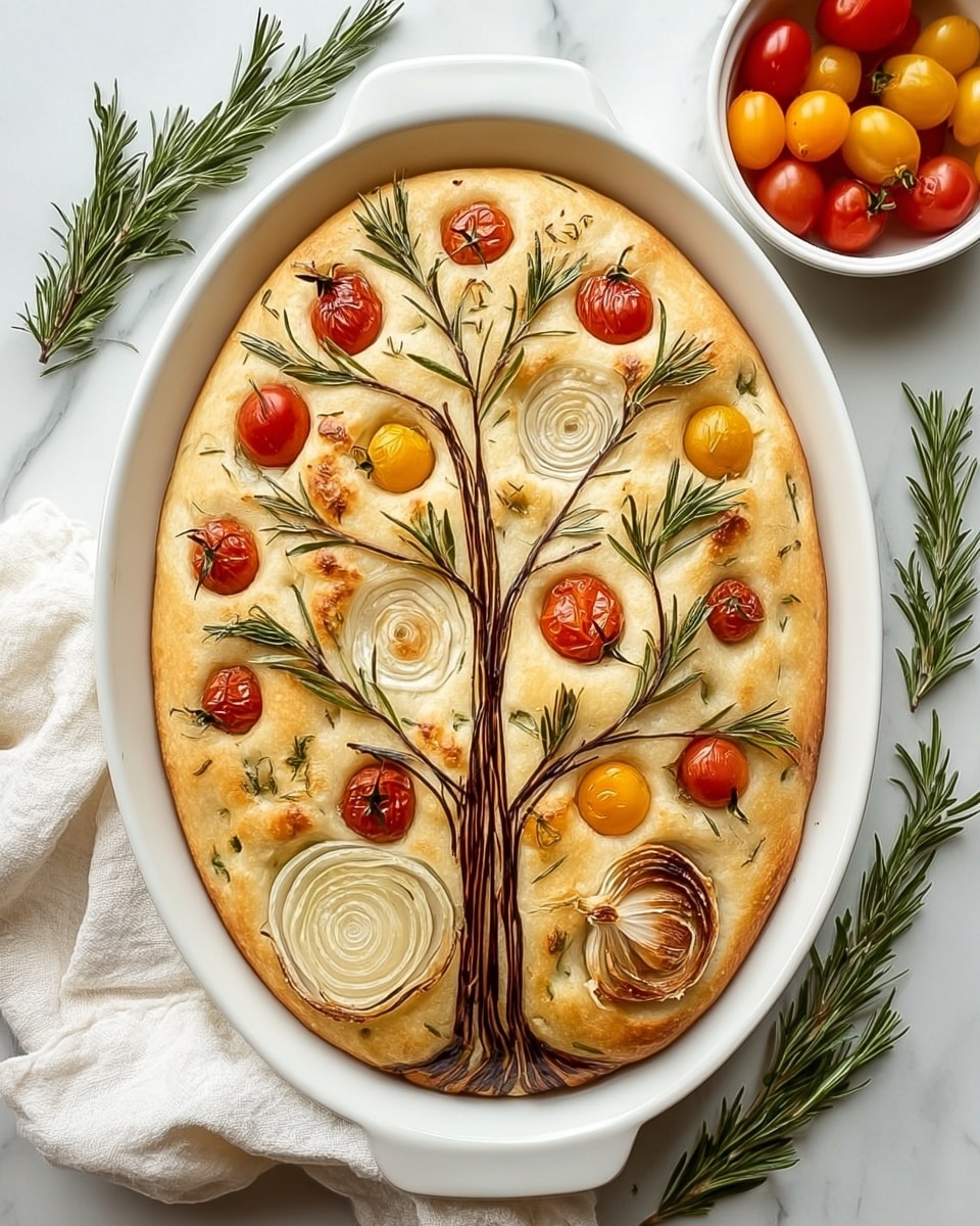 The image shows a round focaccia bread decorated to look like a tree on a white oval plate, placed on a white marbled surface. The base layer is the golden-baked dough with a smooth, slightly dimpled texture. On top, a tree trunk and branches are drawn with thin dark lines that resemble rosemary stems. Cherry tomatoes of red and yellow colors are placed like fruits spread among the branches. Lightly grilled onion slices in crescent shapes act as leaves around the branches. A half head of roasted garlic with a soft, browned surface adds detail near the base of the tree. Extra fresh rosemary sprigs lie around the plate and to the side on the marbled surface. A white cloth is visible on the left side. In the top right corner, a white bowl holds more onion slices, cherry tomatoes, and rosemary sprigs. photo taken with an iphone --ar 4:5 --v 7