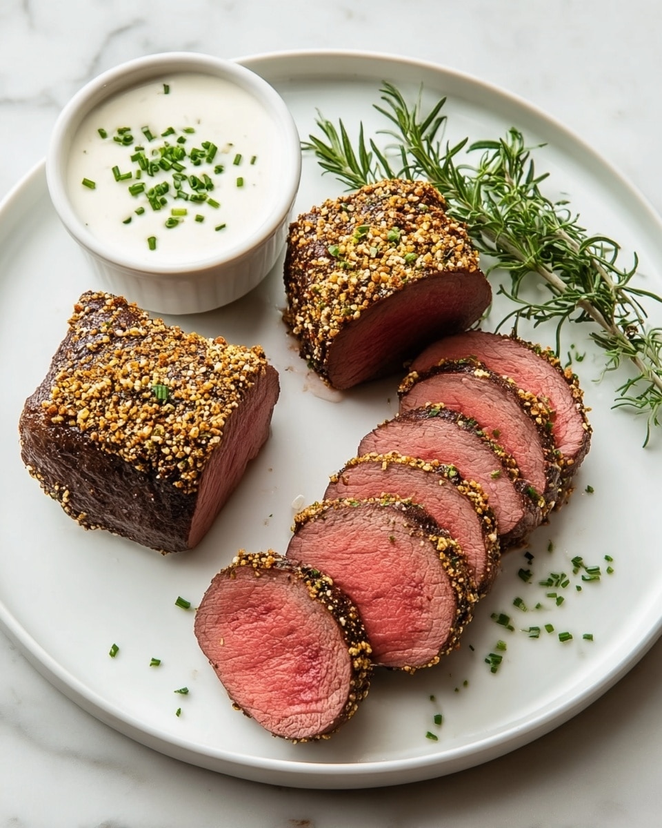 A white round plate on a white marbled surface holds two pieces of cooked beef tenderloin with a crust of crushed mustard seeds and herbs on top, both pieces showing a dark brown outer layer. One piece is whole, and the other is sliced into six even, thick pieces revealing a pink, tender inside with a spice-coated rim. To the left on the plate is a white small bowl filled with creamy white sauce topped with finely chopped green chives. To the right of the meat is a small bunch of fresh green rosemary sprigs. The overall presentation is simple, clean, and elegant. photo taken with an iphone --ar 4:5 --v 7