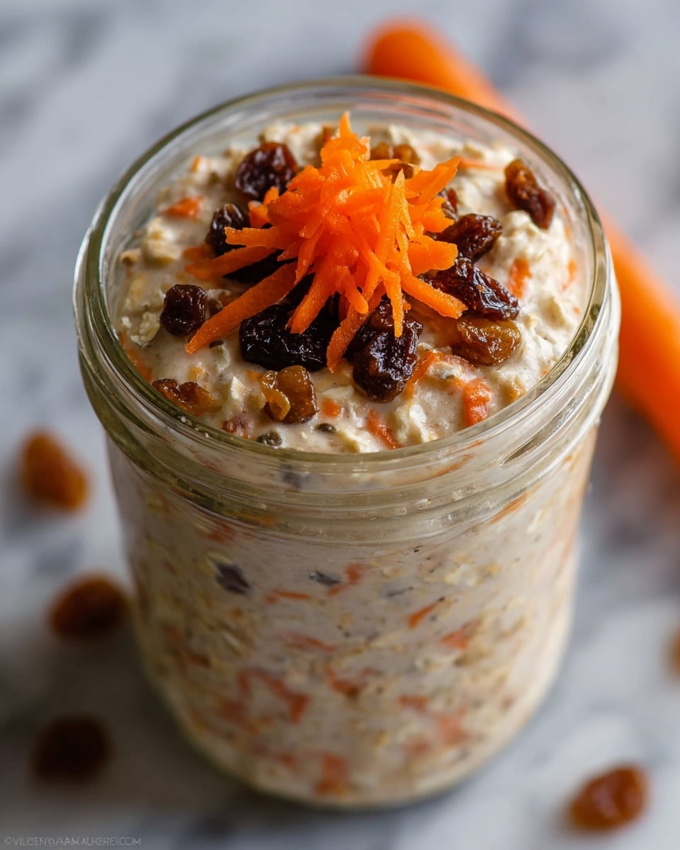 A clear glass jar filled with a creamy oatmeal mixture showing visible small orange carrot shreds mixed throughout. The top layer has a mix of dark brown raisins and a small pile of fresh bright orange shredded carrot on the center, creating contrast. The jar sits on a white marbled surface with a few out-of-focus raisins scattered around. The oatmeal texture looks soft and thick, with a dense and hearty feel. photo taken with an iphone --ar 4:5 --v 7