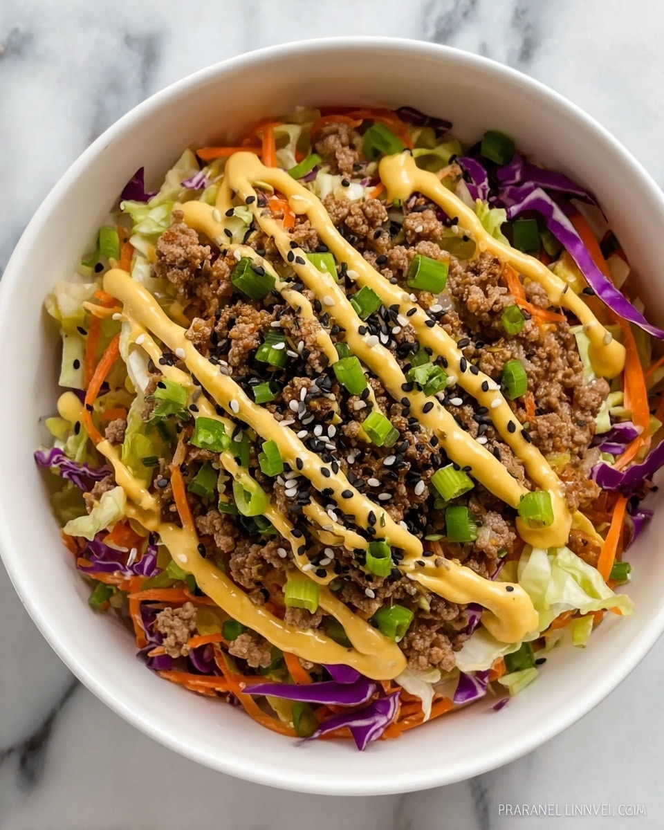A white bowl filled with a colorful salad starting with a base of shredded green and purple cabbage mixed with thin carrot strips, topped with small chunks of cooked ground brown meat. On top, there are green sliced spring onions scattered evenly and a drizzle of creamy yellow sauce zigzagged across the dish. Small black sesame seeds are sprinkled over everything, adding texture and color contrast. The bowl is placed on a white marbled surface. photo taken with an iphone --ar 4:5 --v 7