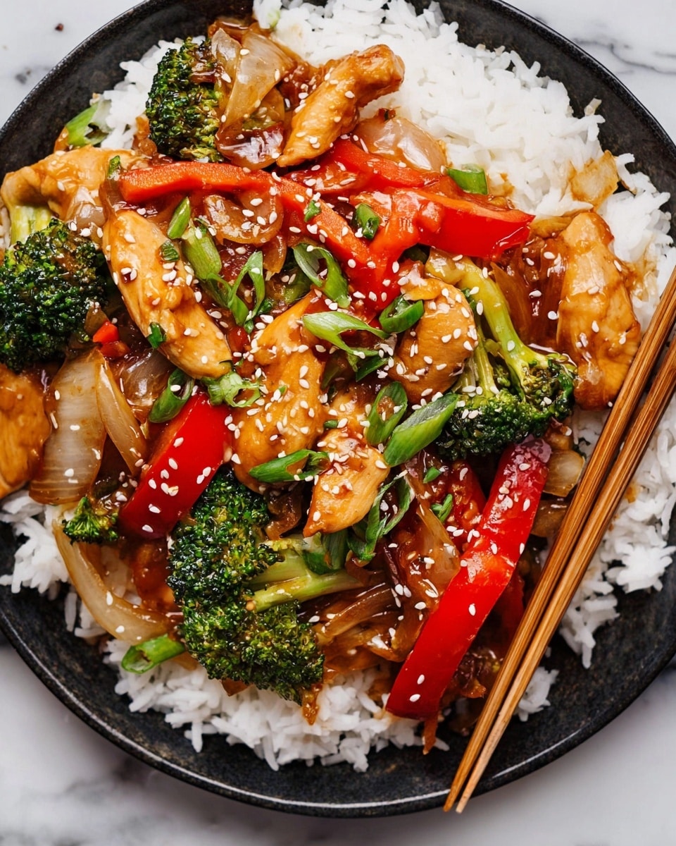 In a white plate filled with white rice at the base, there are layers of colorful stir-fried vegetables and chicken on top. The first layer above the rice shows bright green broccoli florets and sliced green onions, mixed with soft red bell peppers and translucent cooked onions. On top, tender light brown chicken pieces are coated in a shiny brown sauce, sprinkled evenly with white sesame seeds. The dish is placed on a white marbled surface, alongside a pair of wooden chopsticks resting on the plate. photo taken with an iphone --ar 4:5 --v 7