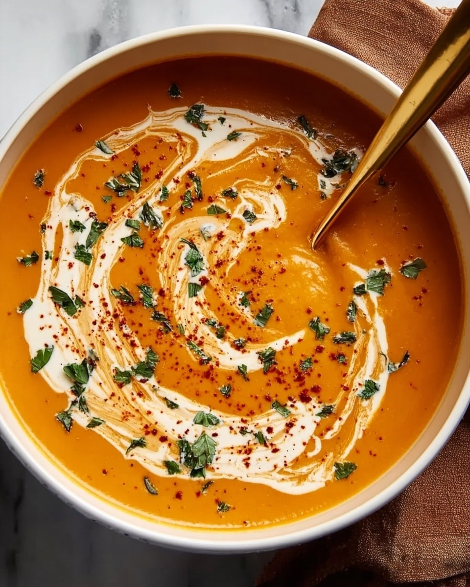 A white bowl filled with smooth orange soup, topped with swirls of white cream gently mixed in, sprinkled with small green herb leaves and a light dusting of red spice. A golden spoon is in the bowl, partially submerged in the soup. The bowl is set on a white marbled surface, with a brown cloth napkin partially visible next to it. The texture of the soup looks creamy and thick, with the cream and herbs adding a fresh and colorful contrast. photo taken with an iphone --ar 4:5 --v 7