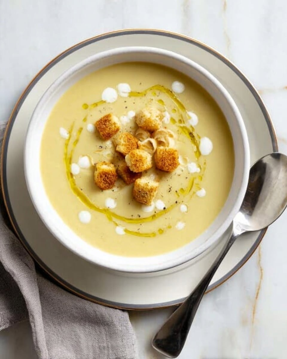 A white bowl filled with creamy light yellow soup, topped with a circle of small round golden brown croutons in the center, drizzled with olive oil and dotted with small spots of white cream, placed on a white plate with a thin silver rim. To the right of the plate, a silver spoon rests on a folded gray cloth napkin. The bowl and plate sit on a white marbled surface. Photo taken with an iphone --ar 4:5 --v 7