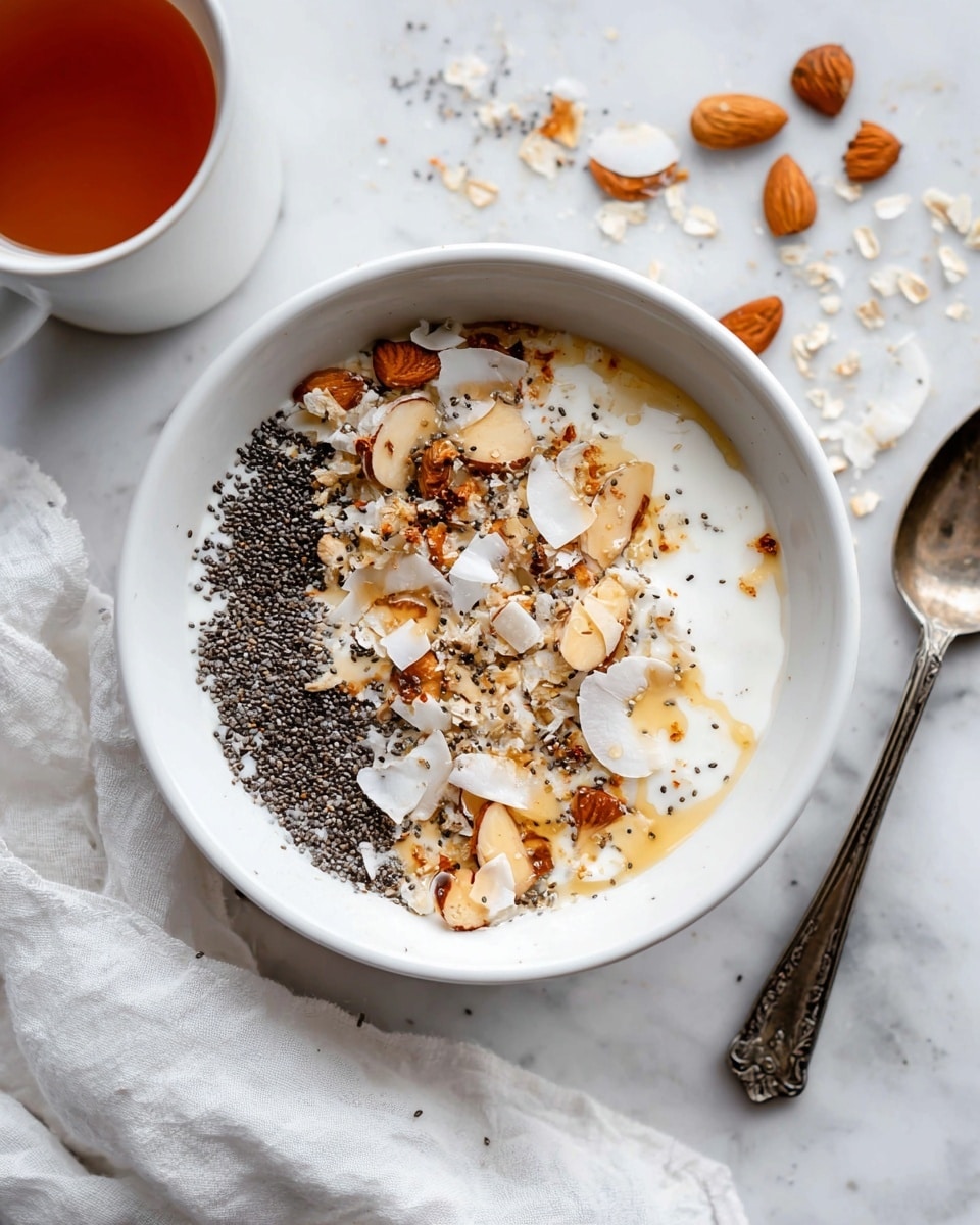 The image shows a white bowl filled with creamy white yogurt as the base layer, topped evenly with dark chia seeds on one side, and scattered light brown almond slices, beige oat flakes, and white coconut flakes covering most of the top. There is a light drizzle of honey adding a shiny golden touch over the toppings. The bowl sits on a white marbled surface with some scattered almond pieces and chia seeds nearby. A vintage silver spoon is placed to the right, and a white cup with amber-colored tea is partially visible in the top left corner. A soft white cloth is draped partially under the bowl. Photo taken with an iphone --ar 4:5 --v 7