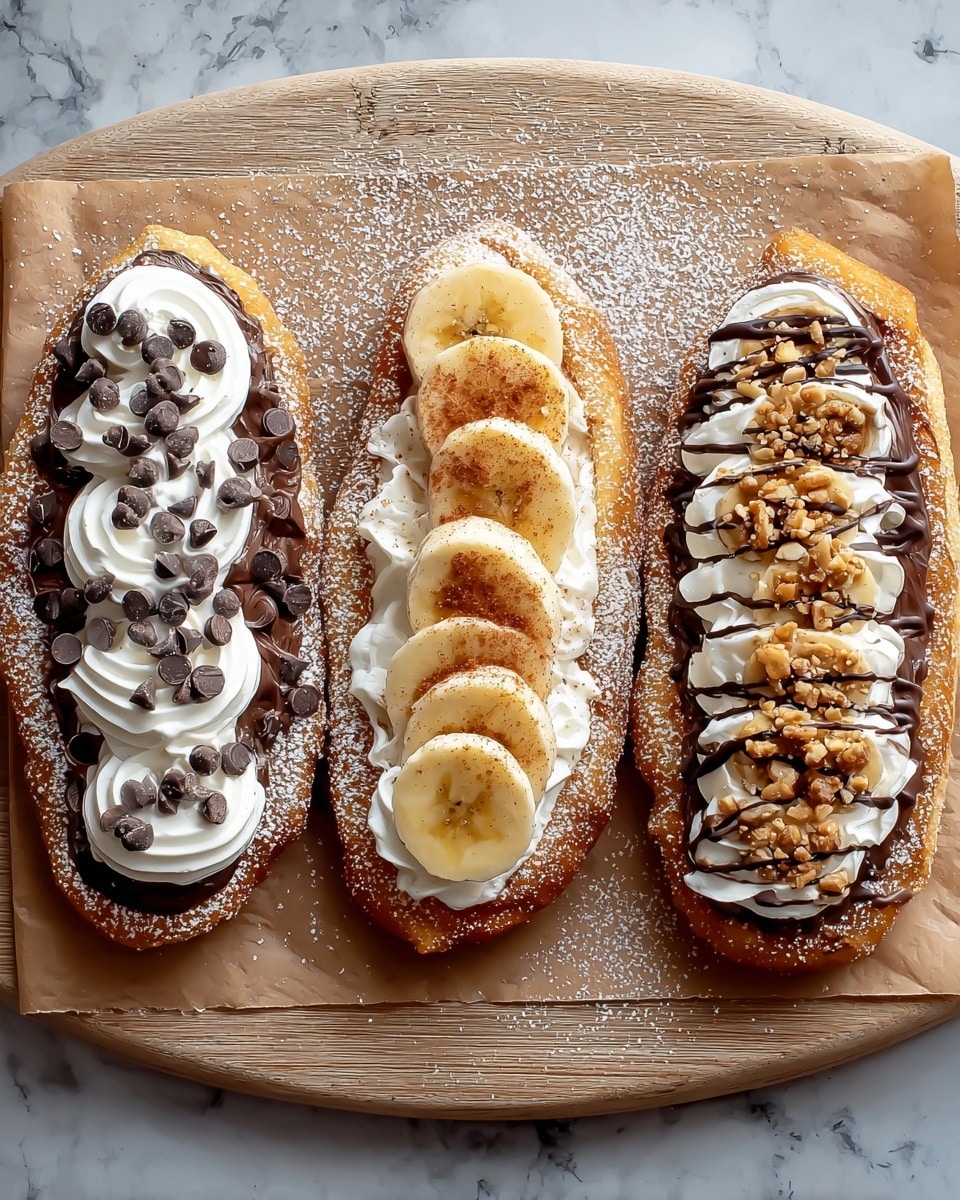 Three oval-shaped fried dough pieces are placed side by side on a wooden board lined with brown parchment paper on a white marbled texture. Each dough piece is dusted with powdered sugar. The left dough has a thick dark chocolate spread layer topped with swirls of white whipped cream and sprinkled with many dark chocolate chips. The middle dough has a dark chocolate spread base covered with two rows of banana slices sprinkled lightly with cinnamon or nutmeg. The right dough features a base layer of dark chocolate spread, topped with white whipped cream, drizzled with dark chocolate sauce, and sprinkled with crushed nuts. Photo taken with an iphone --ar 4:5 --v 7