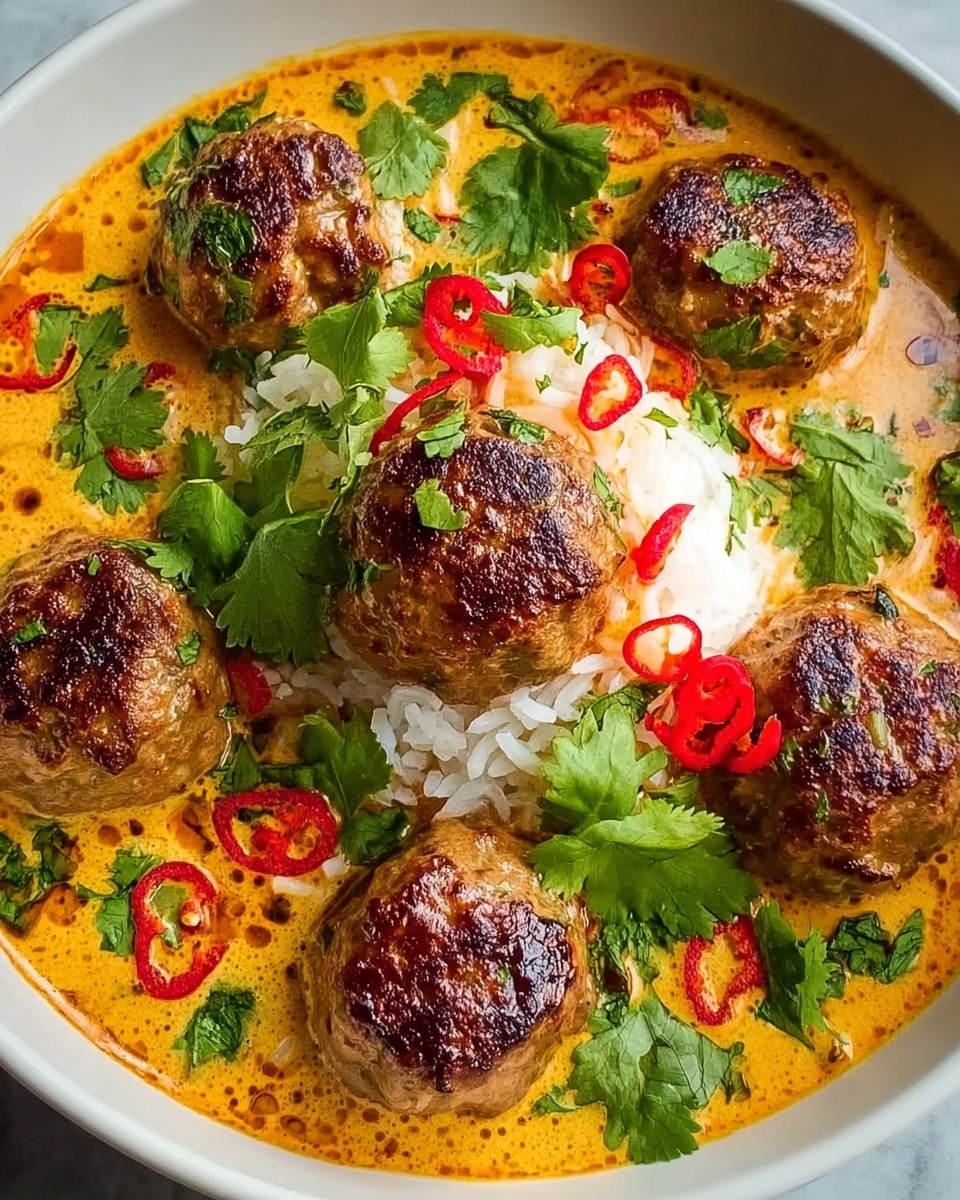 The image shows a white bowl filled with a creamy orange curry sauce covering a base layer of white rice in the center. On top of the rice and partially in the sauce, there are seven browned meatballs with a slightly crispy texture. The dish is garnished with bright green cilantro leaves scattered across the top and around the bowl, along with slices of red chili peppers placed on and near the meatballs. The white marbled surface underneath the bowl contrasts softly with the vibrant colors of the dish. Photo taken with an iphone --ar 4:5 --v 7