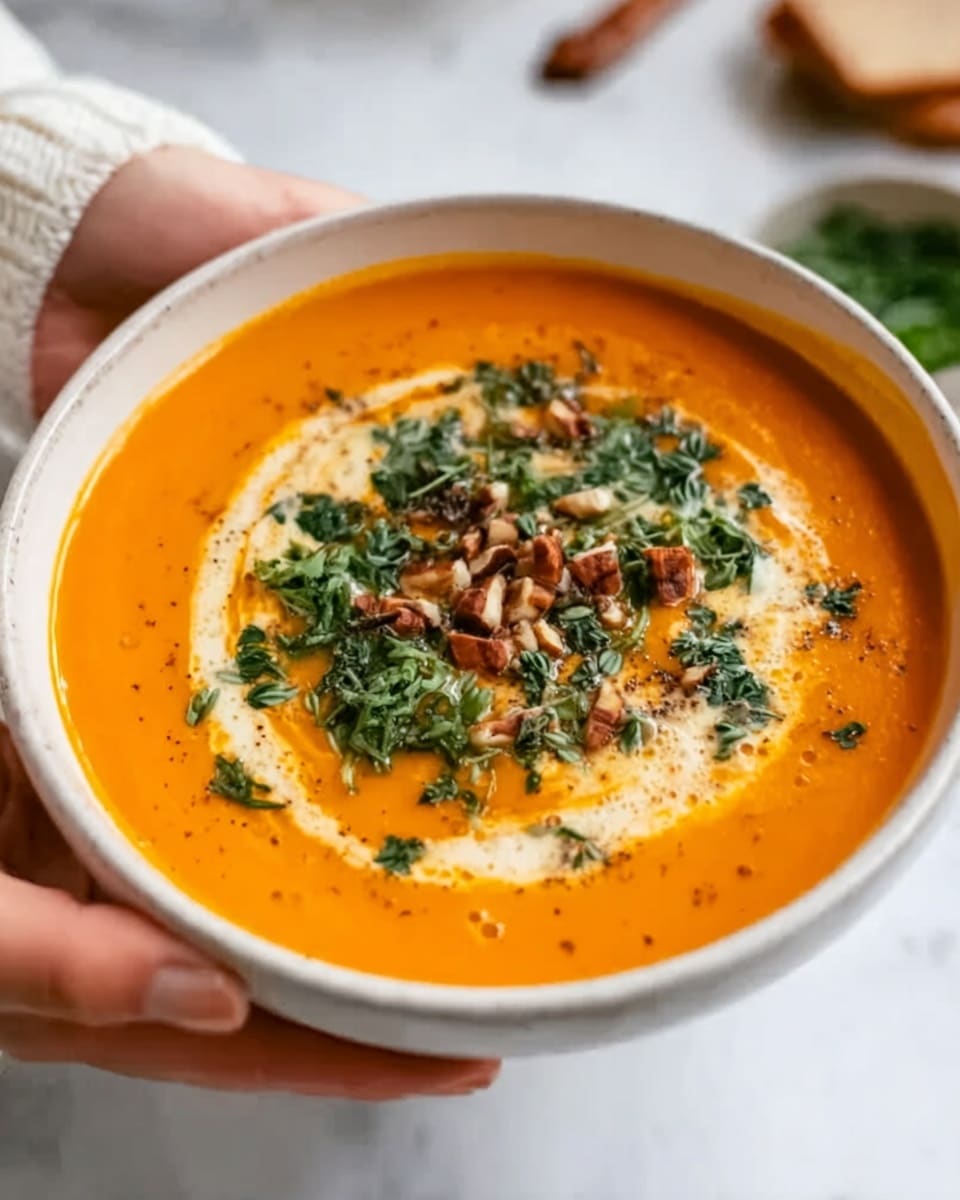 A white bowl filled with bright orange soup, topped with a swirl of cream at the center. On top of the cream, there are small pieces of brown nuts and green herbs scattered evenly, adding texture and color contrast. A woman's hand is holding the bowl on the left side, and the bowl sits on a white marbled surface with blurred background elements. The soup looks smooth and creamy, with fresh garnishes providing a rich look. Photo taken with an iphone --ar 4:5 --v 7