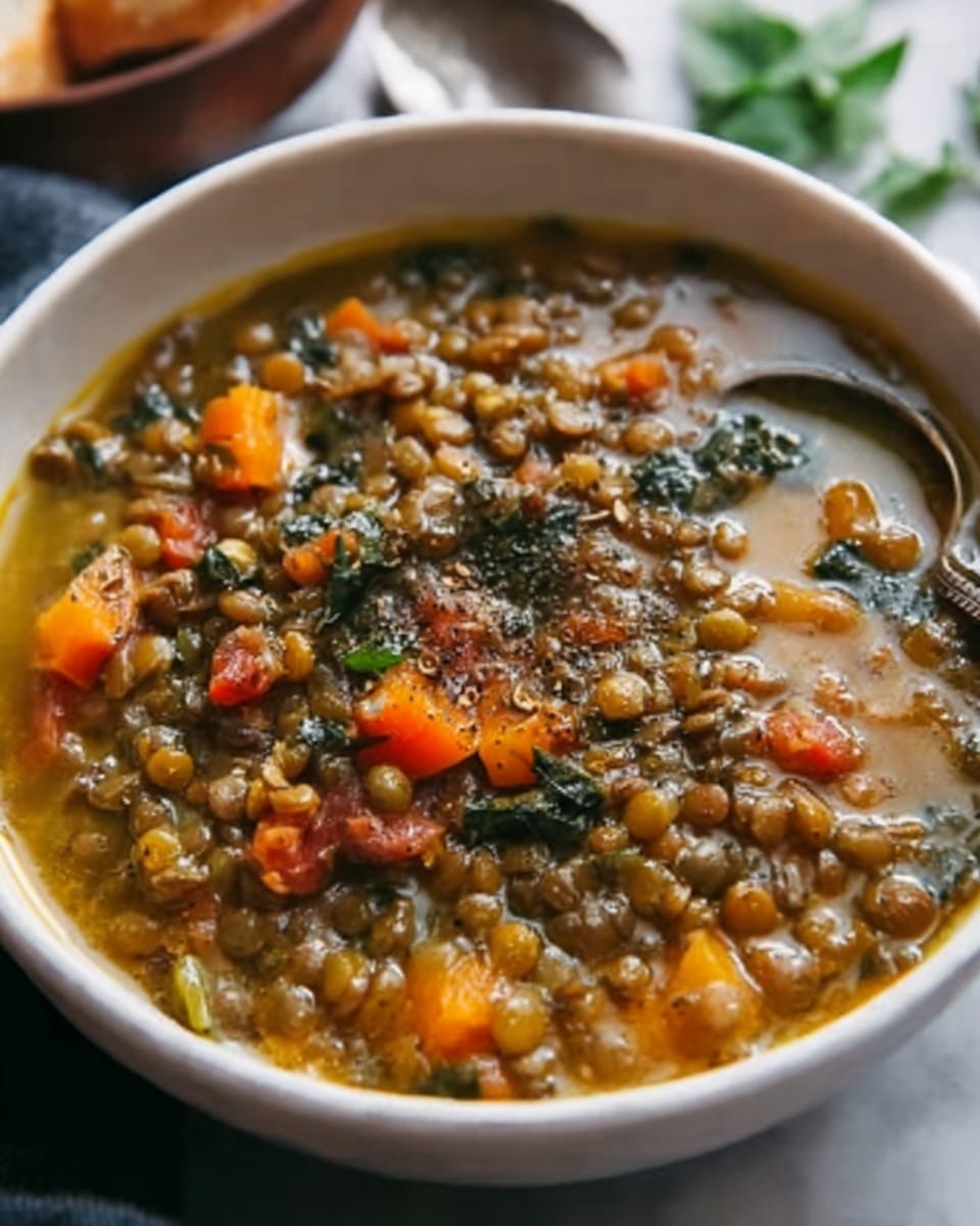 A white bowl filled with a thick lentil stew showing many layers of small green lentils mixed with orange carrot chunks and small pieces of tomato, all simmered in a rich, brownish-yellow broth. There are bits of dark green leafy herbs scattered throughout the stew on top, adding texture and color. The bowl sits on a white marbled surface with a metal spoon and some green leaves blurred in the background. The stew looks warm and hearty. Photo taken with an iphone --ar 4:5 --v 7