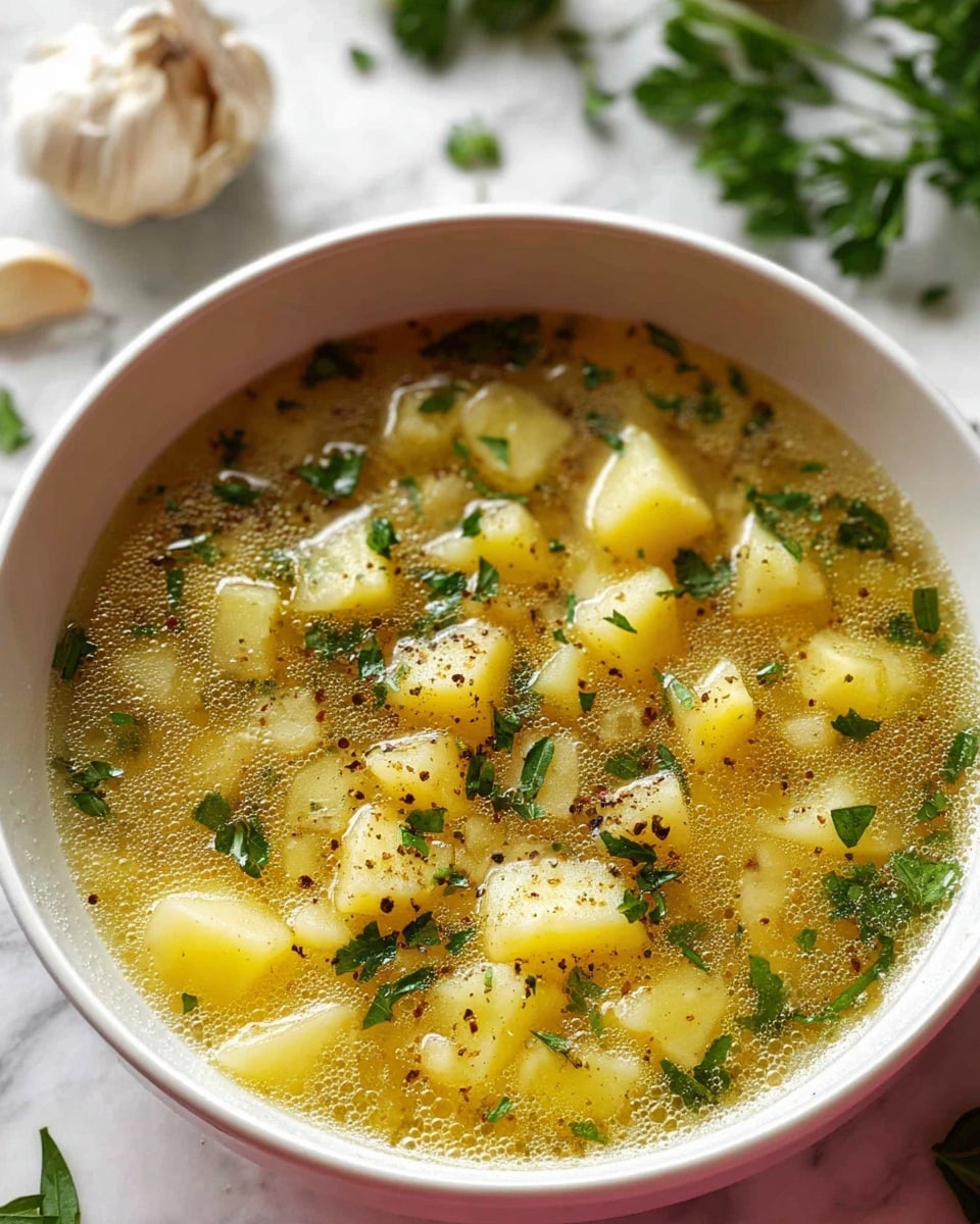 A close-up view of a bowl of clear soup filled with small, soft potato cubes floating in a light golden broth, sprinkled with finely chopped green herbs and a dusting of black pepper on top. The bowl is white with a smooth texture, placed on a white marbled surface with garlic cloves and fresh green herb leaves scattered nearby. The broth has a slightly oily sheen with tiny bubbles, and the herbs add a fresh touch of bright green color contrasting with the pale yellow potatoes. Photo taken with an iphone --ar 4:5 --v 7