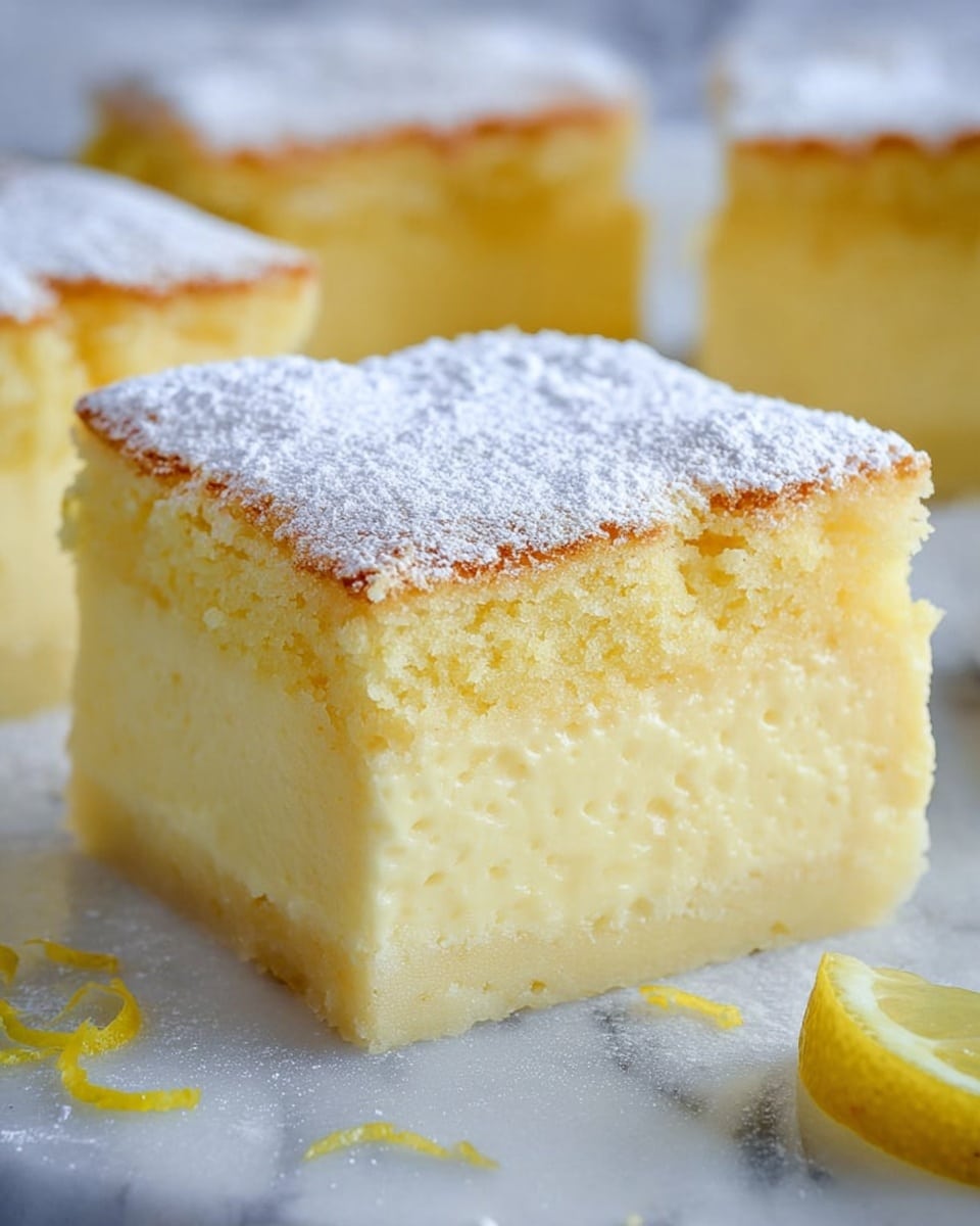 This image shows a close-up of a single large square piece of soft lemon cake with two distinct layers. The bottom layer is thick, creamy, and pale yellow with a smooth texture, while the top layer is a lighter, more airy sponge texture dusted generously with powdered sugar. The edges of the cake are cleanly cut, revealing the contrast between the dense custard-like bottom and fluffy top. Small pieces of lemon zest and a tiny lemon wedge are visible around the cake. The cake pieces are placed directly on a white marbled surface. Photo taken with an iphone --ar 4:5 --v 7