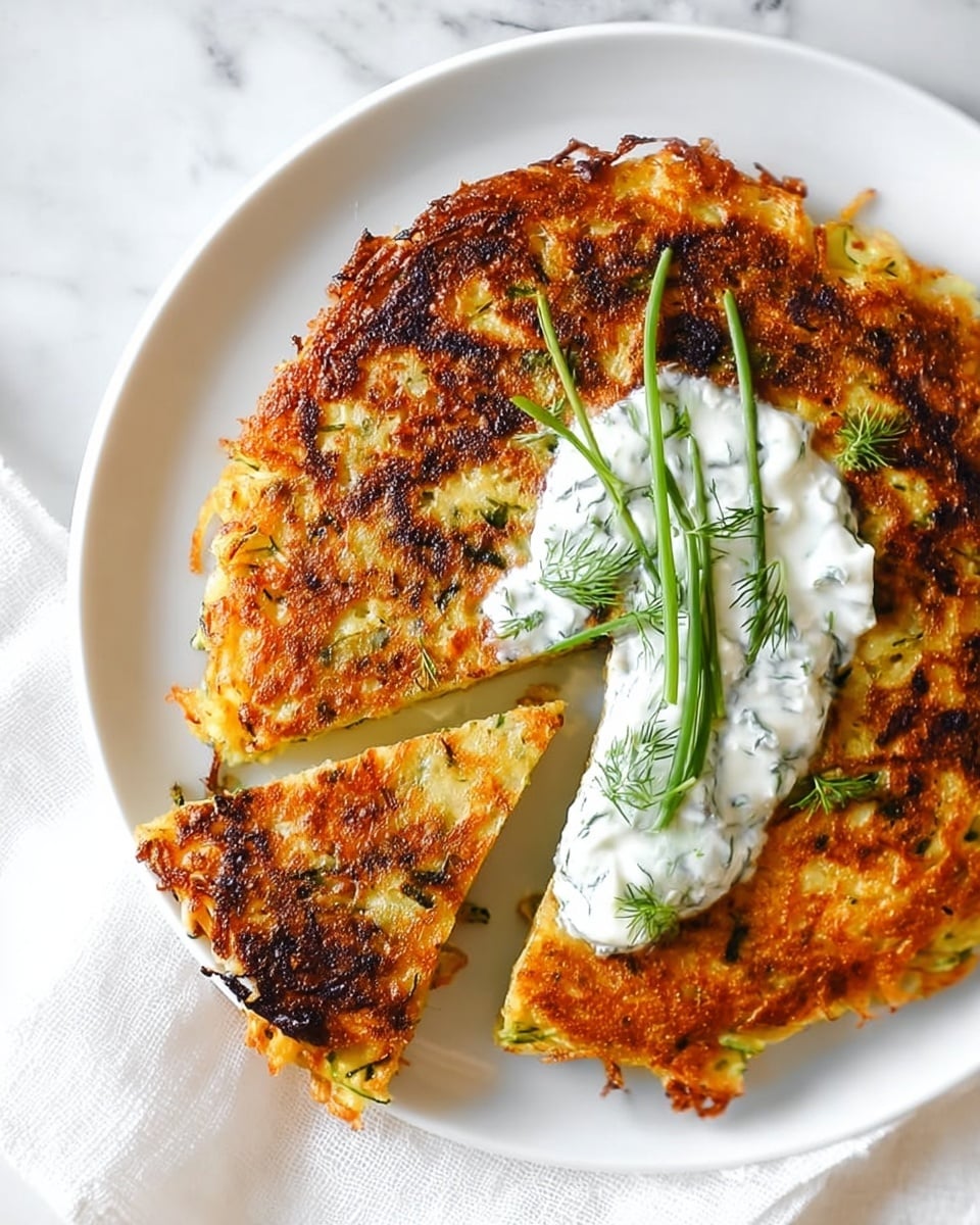 A round, golden-brown vegetable fritter with a crispy texture and some darker browned spots on the surface is placed on a white plate. There is a thick layer of white sauce with green herb bits spread over one part of the fritter. Three thin green herb sprigs rest on top of the sauce, adding freshness. The fritter is cut into triangular slices, showing a soft inside with visible bits of vegetables. The plate sits on a white marbled surface with a white cloth partially visible beside it. photo taken with an iphone --ar 4:5 --v 7