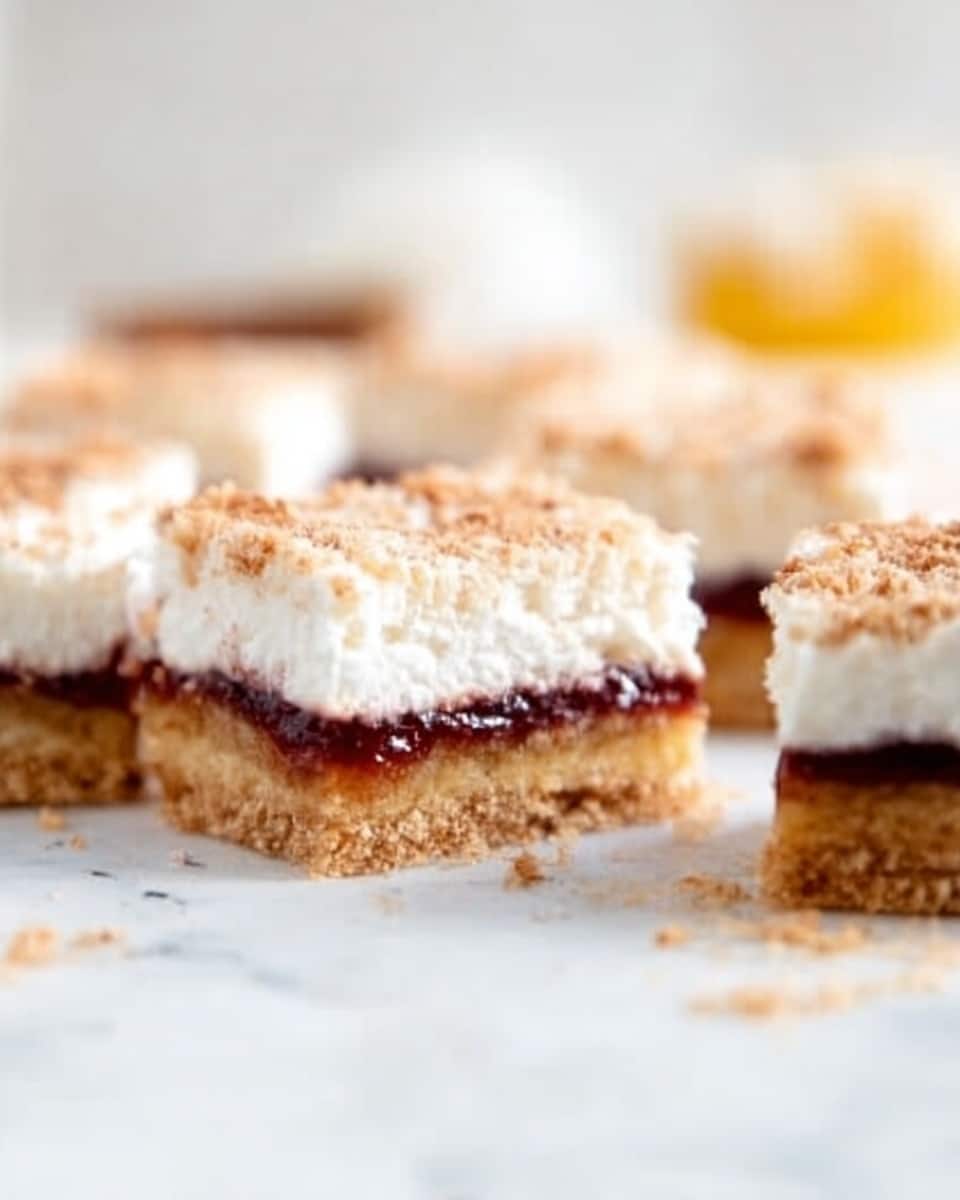 The image shows a close-up of square dessert bars arranged on a white marbled surface, each with three distinct layers. The bottom layer is a thick, golden-brown crust with a crumbly texture. Above this is a thin, glossy, reddish-purple fruit jam layer. The top layer is thick, white, and fluffy, resembling whipped cream or coconut topping, with a slightly rough texture and a sprinkled topping that adds a light brown color. The background is softly blurred with light colors, including soft yellow and white. Photo taken with an iphone --ar 4:5 --v 7
