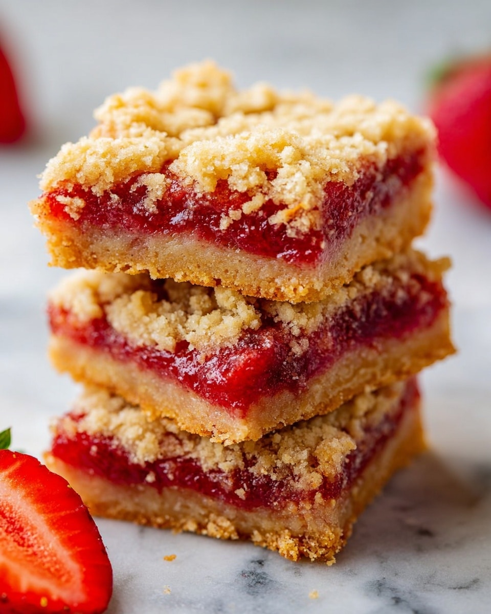 The image shows a close-up of a stack of three square dessert bars, each with three distinct layers. The bottom layer is a thick, crumbly golden-brown crust with a rough texture. The middle layer is a bright red, slightly glossy strawberry filling that looks juicy and slightly runny at the edges. The top layer is a crumbly, light tan streusel topping with a rough and uneven surface. The stack is on a white marbled surface with one fresh strawberry cut in half placed near the bars, adding a bright red contrast. The photo taken with an iphone --ar 4:5 --v 7