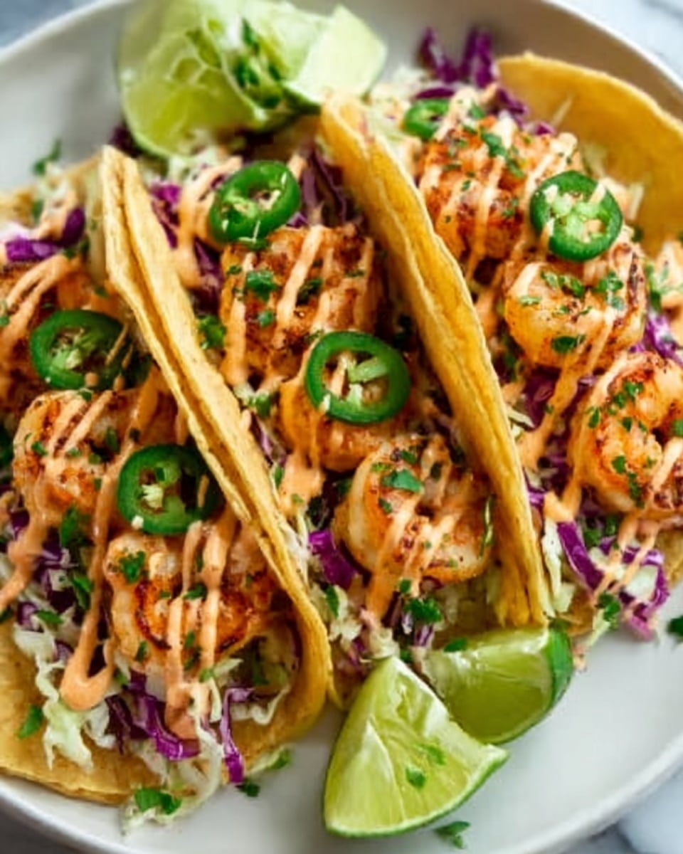 The image shows three shrimp tacos arranged closely on a white plate, each taco made with three soft yellow corn tortillas forming the base. Inside, layers start with a bed of shredded purple cabbage and white cabbage, topped with grilled shrimp that are bright orange with a slight char. There are thin slices of green jalapeño scattered over the shrimp, adding color contrast. The tacos are drizzled with a creamy, light orange sauce in a zigzag pattern, and sprinkled with small green cilantro leaves. On the side, there are two lime wedges adding a fresh green color. The plate is set on a white marbled surface. Photo taken with an iphone --ar 4:5 --v 7