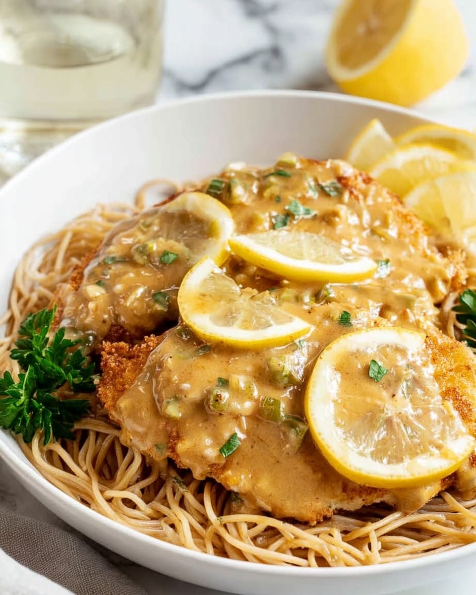 A white plate holds a bed of light brown spaghetti noodles topped with two large pieces of golden-brown chicken cutlets covered in a thick, creamy light brown sauce. The chicken is garnished with small green herb pieces scattered over the sauce. Two thin lemon slices are placed on top and around the chicken, adding a fresh yellow contrast. A sprig of fresh green parsley rests on the side of the noodles. The background shows a white marbled surface with a soft focus on a glass of clear liquid. photo taken with an iphone --ar 4:5 --v 7