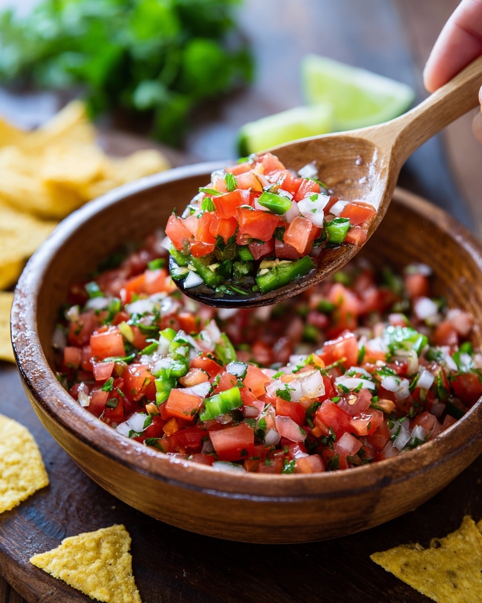 A close-up of a wooden spoon lifting a colorful mix of fresh pico de gallo from a brown bowl. The mix has three distinct layers: bright red diced tomatoes, small white onion pieces, and vibrant green slices of jalapeño and chopped cilantro, all mixed together with a fresh, juicy texture. The bowl sits on a dark wooden surface with a few yellow corn tortilla chips scattered nearby and some fresh cilantro and lime wedges blurred in the background. A woman's hand is holding the spoon from the left side of the image. photo taken with an iphone --ar 4:5 --v 7