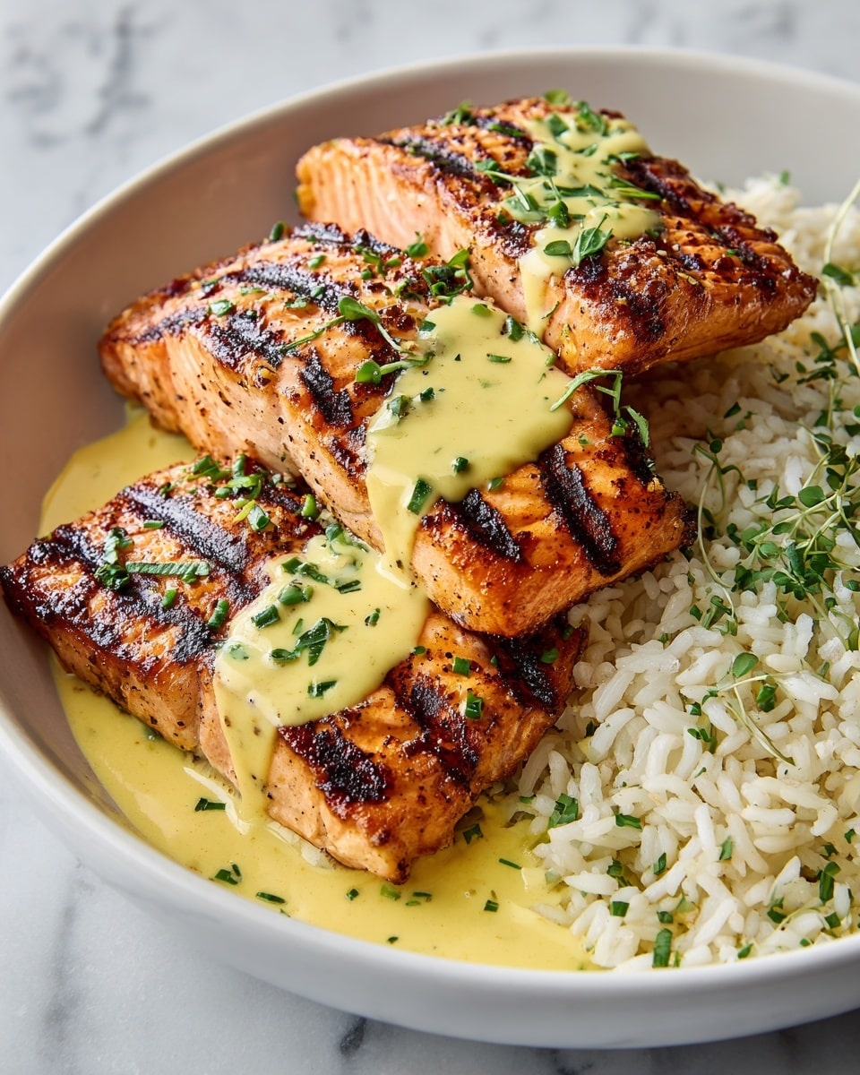 Three pieces of grilled salmon with visible char marks showing a golden-brown texture sit stacked on top of each other. They are drizzled with a creamy yellow sauce that looks rich and smooth, sprinkled with small green herb leaves. To the right of the salmon, there is a bed of fluffy white rice with loose grains, also topped with a few small green herbs. The food is served in a white bowl with a rounded edge on a white marbled background, creating a fresh and clean look. photo taken with an iphone --ar 4:5 --v 7