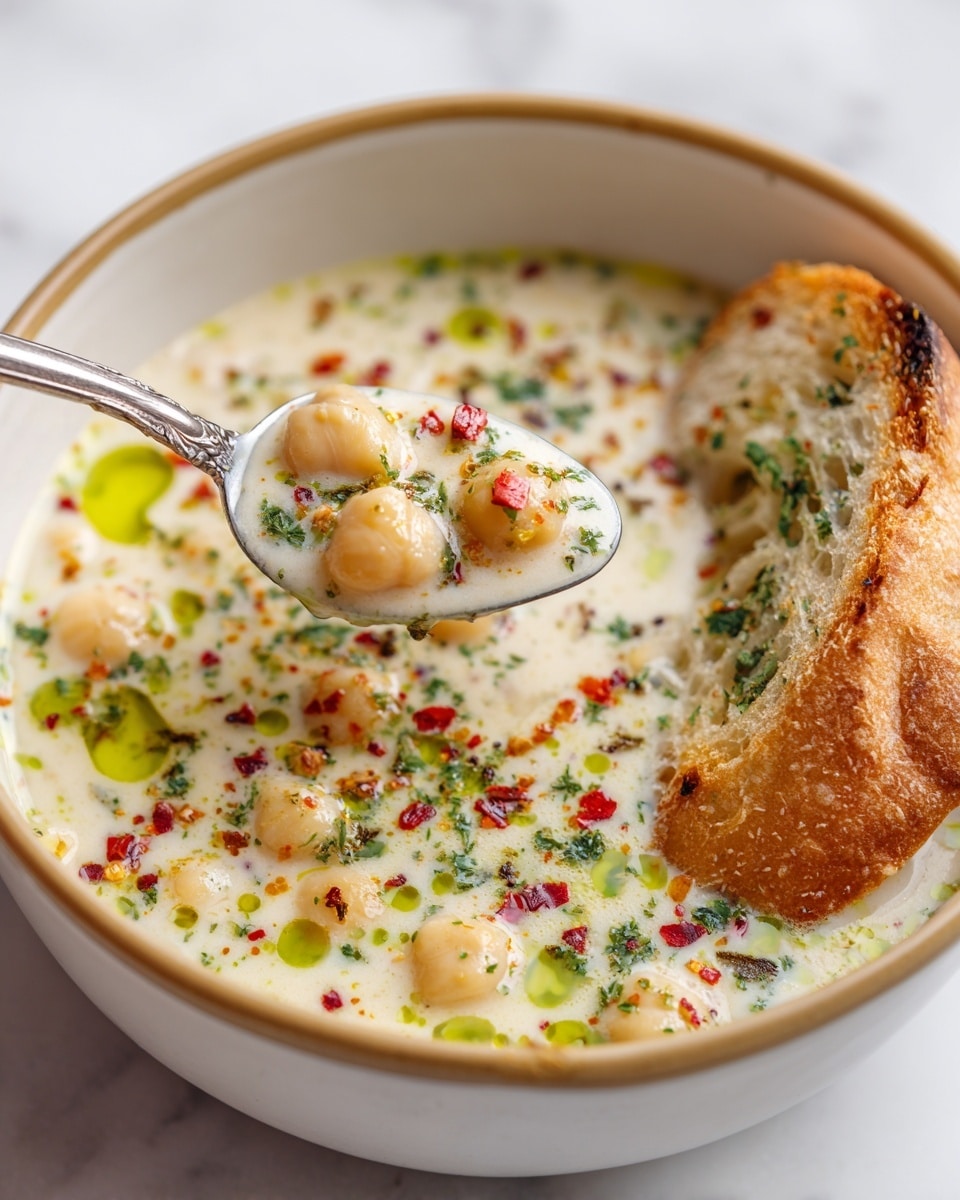 A creamy, thick pale beige soup filled with small round gnocchi pieces sits inside a rustic bowl with a light brown rim. A spoon lifts a cluster of gnocchi topped with a drizzle of golden olive oil, red chili flakes, and green herbs, showing the smooth texture. A wedge of bread with a golden crust and herb seasoning rests on the rim of the bowl. The background is a white marbled surface. photo taken with an iphone --ar 4:5 --v 7
