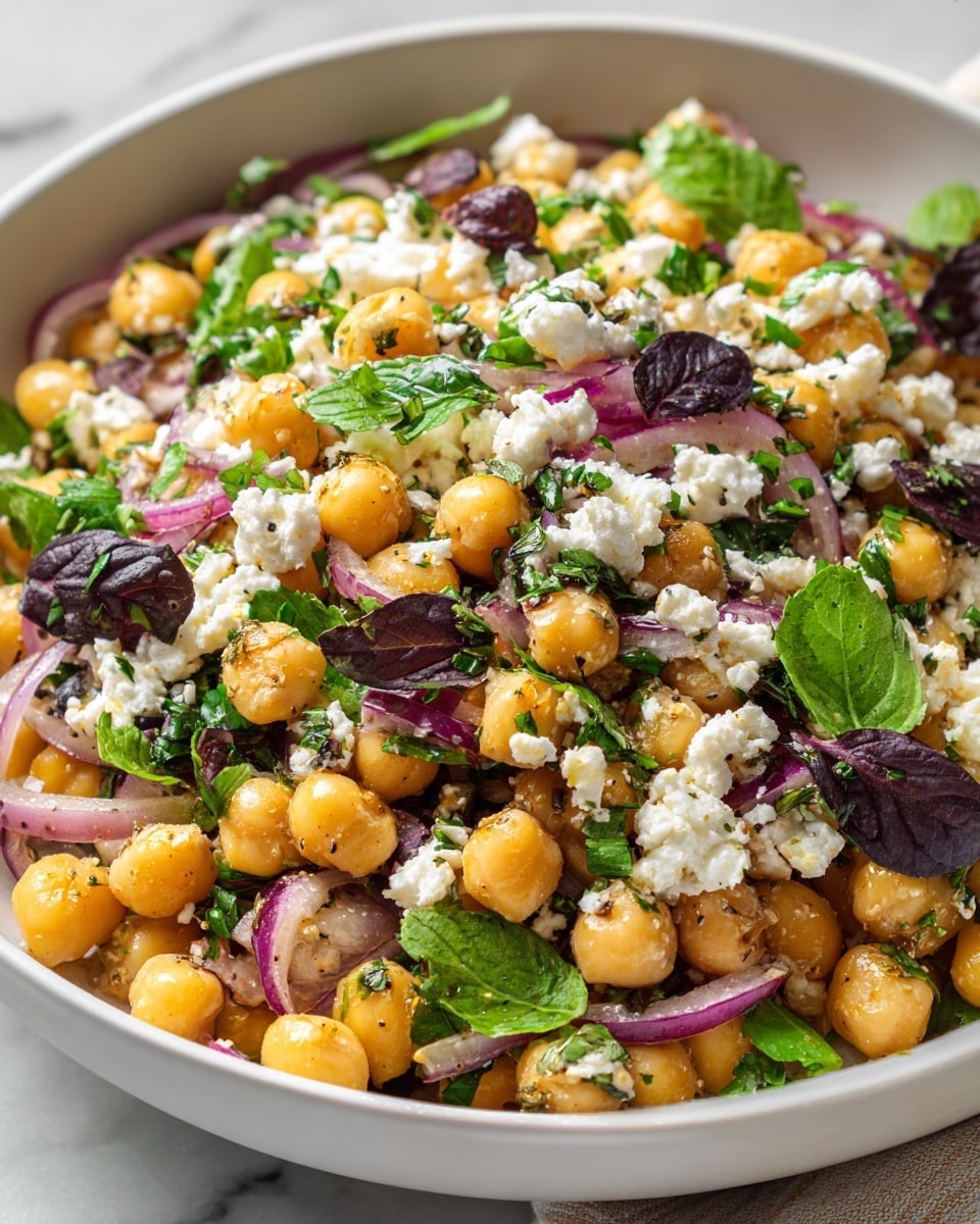 A white bowl filled with a colorful chickpea salad showing several layers: the bottom layer has chickpeas with a soft, round, yellow-beige texture; above it are pieces of cooked and slightly translucent purple-red onions; mixed throughout are crumbled white cheese pieces creating a rough, crumbly texture; scattered chopped green herbs add fresh green color; small dark purple leafy pieces are spread on top, adding contrast and depth. photo taken with an iphone --ar 4:5 --v 7