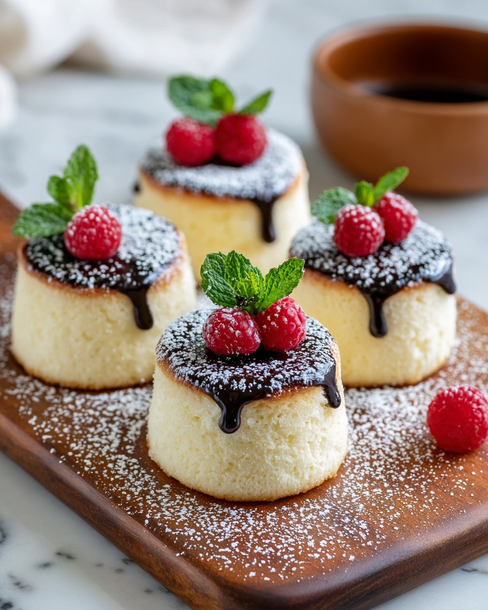 The image shows four small fluffy Japanese cotton cheesecakes, each about two layers high with a soft, pale yellow base and a light golden brown top layer. On the top of each cake, there is a glossy dark chocolate sauce layer, decorated with two bright red raspberries and a small sprig of fresh green mint leaves. A light dusting of powdered sugar is sprinkled over the cakes and the wooden board they are placed on. One raspberry sits next to the cakes on the board, and a blurred brown bowl is seen in the background, all set against a white marbled texture. photo taken with an iphone --ar 4:5 --v 7