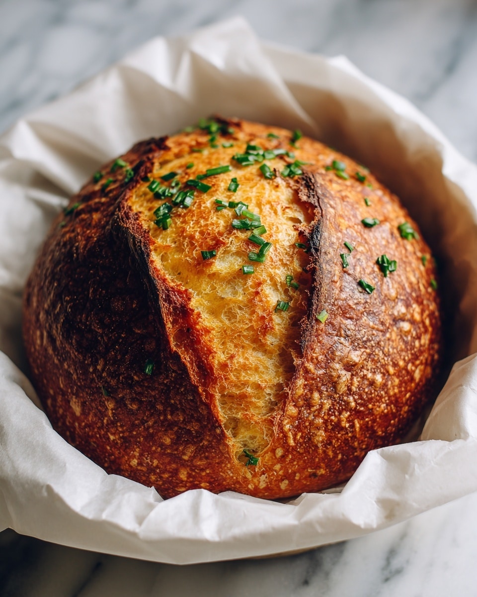 A round loaf of bread with a golden-brown crust sits inside a white paper baking container. The bread has a rough texture with a deep crack in the center revealing a soft, light inside. Small bits of green herbs are visible on the crust, adding color and detail. The background is a white marbled surface. photo taken with an iphone --ar 4:5 --v 7