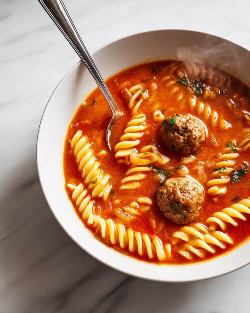 Meatball Soup with Pasta, Spinach, and Parmesan Recipe