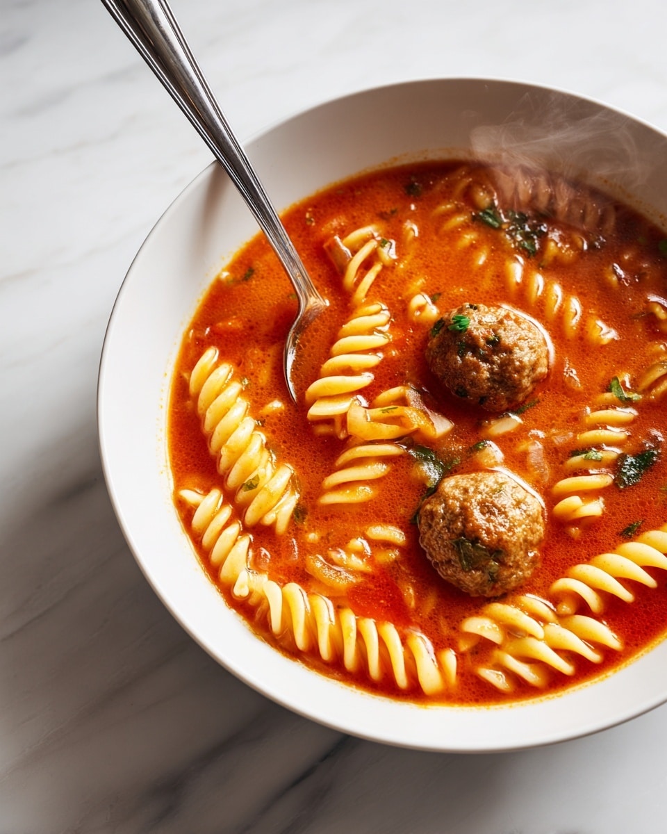 A white bowl on a white marbled surface holds a rich, orange-red tomato-based soup with thick rotini pasta spirals and two round meatballs floating in the middle. The soup also contains bits of green herbs and small pieces of onion, adding texture and color contrast. A silver spoon rests inside the bowl, dipping into the soup from the right side. The lighting highlights the steam rising slightly from the hot dish, emphasizing warmth and freshness. photo taken with an iphone --ar 4:5 --v 7