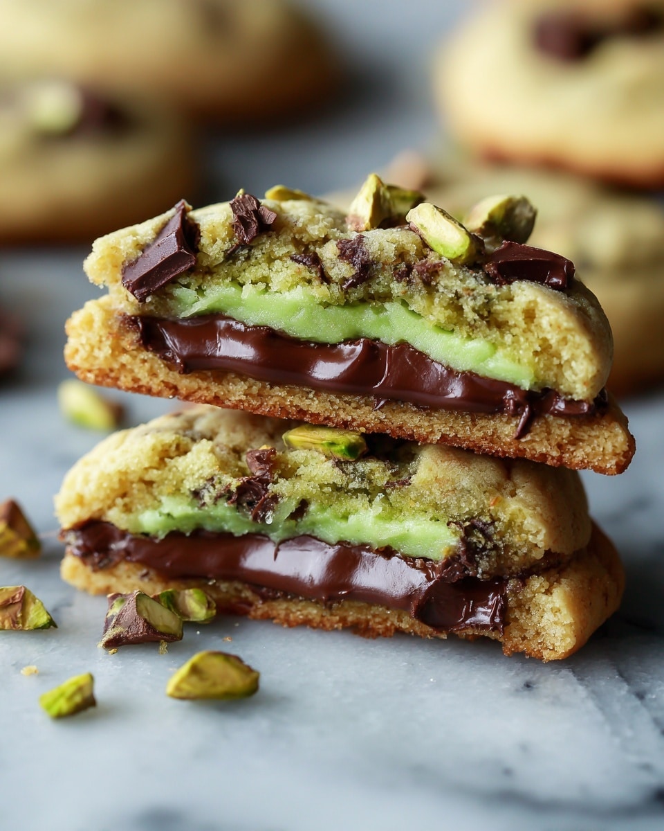 A close-up of two stacked cookies on a white marbled surface, with the top cookie broken in half showing three layers: a golden brown outer cookie layer, a thick bright green creamy filling in the middle, and a melted dark brown chocolate layer beneath the green filling; both cookies are dotted with dark chocolate chunks and pieces of green pistachio on top and around them, with more whole cookies blurred in the background. photo taken with an iphone --ar 4:5 --v 7