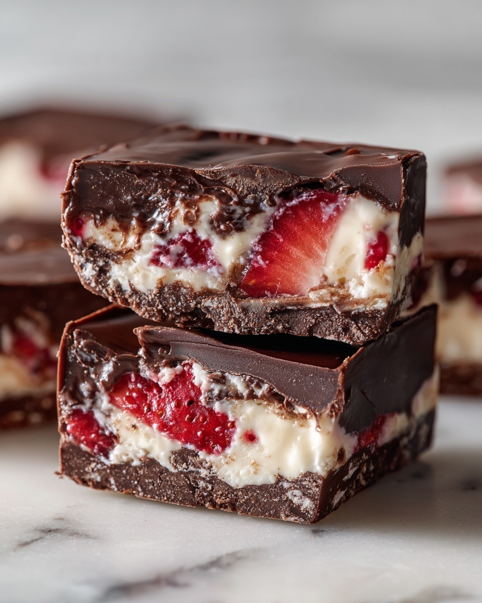 The image shows a close-up of a dessert cut in half, revealing three visible layers. The top and bottom layers are dark brown and look like a thick, rough chocolate shell with a slightly shiny, smooth texture. Inside, there is a creamy white layer with pieces of red strawberries mixed in, adding bright red spots and a soft, moist texture. The dessert is placed on a white marbled surface with a blurred background, focusing closely on the details of the dessert’s layers and the contrast between the dark chocolate and the creamy white and red filling. Photo taken with an iphone --ar 4:5 --v 7