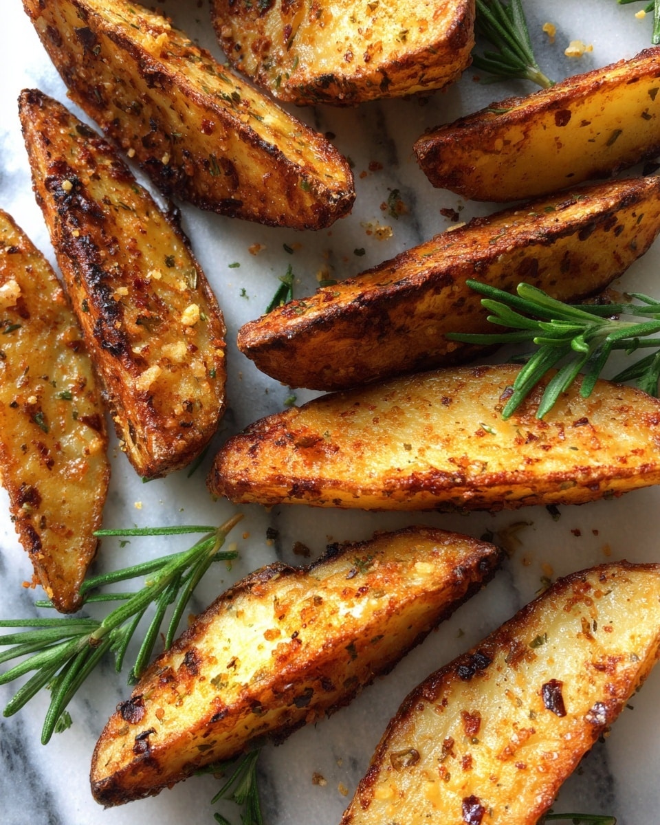 The image shows a close-up of many potato wedges arranged on a white marbled surface. Each potato wedge is thick, golden-orange with a crispy, slightly charred brown edge, and a coarse texture from spices and herbs scattered on top. The wedges are organized in a loose, overlapping pattern, with two small sprigs of fresh green rosemary placed among them for garnish. The overall look is warm and crispy, highlighting the golden-brown roasted surface of the potato wedges. photo taken with an iphone --ar 4:5 --v 7