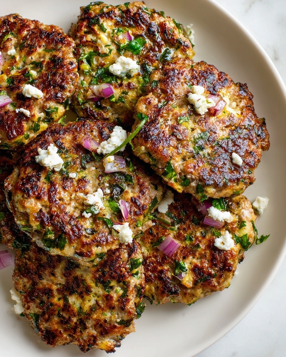 The image shows a close-up of several golden brown patties stacked on a white plate. Each patty has a crispy, slightly charred outside with visible specks of green herbs and small pieces of red onion baked into the surface. The patties are topped with scattered white crumbles of cheese and more chopped herbs, giving a fresh look. The texture looks moist and tender inside with a crunchy outside layer. The background is a white marbled surface. Photo taken with an iphone --ar 4:5 --v 7