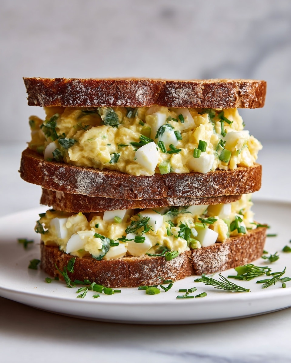 A sandwich with two thick slices of toasted brown bread, showing a crusty texture and a light dusting of flour on top. Between the slices is a creamy scrambled egg salad mixed with small chunks of white boiled egg and scattered green herb pieces, looking soft and slightly glossy. Some green herbs are also sprinkled around the sandwich on a white plate, resting on a white marbled textured surface. photo taken with an iphone --ar 4:5 --v 7