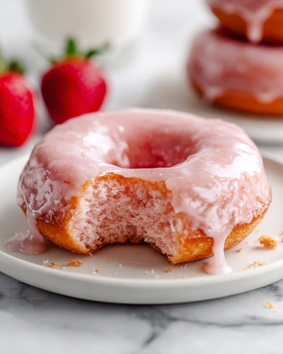 A close-up view of a single pink glazed donut with a bite missing, showing its soft and fluffy inside with a light pink color. The donut has a shiny, smooth glaze that drips slightly down the sides. The donut sits on a white plate with a few crumbs scattered around, and two fresh red strawberries blurred softly in the background on a white marbled surface. The whole scene is bright and clean, showing the moist texture of the donut clearly. Photo taken with an iphone --ar 4:5 --v 7