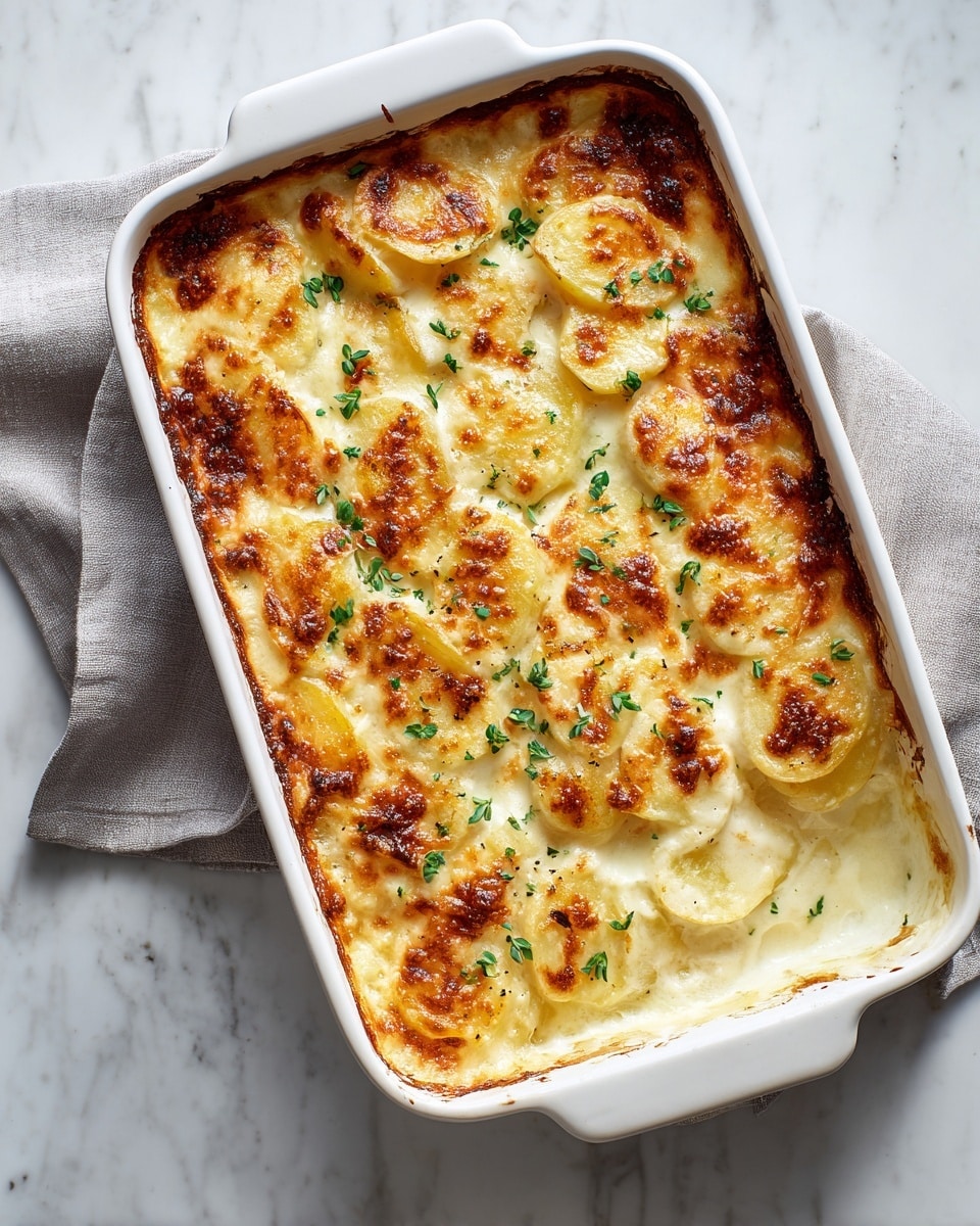 A white rectangular baking dish filled with a creamy baked dish that has a golden-brown, crispy top layer with small green herb sprinkles scattered across the surface. Beneath the top layer, small slices of potatoes can be seen peeking through a smooth, pale cream sauce. The dish rests on a white marbled surface with a light gray cloth partially visible in the background. Photo taken with an iphone --ar 4:5 --v 7