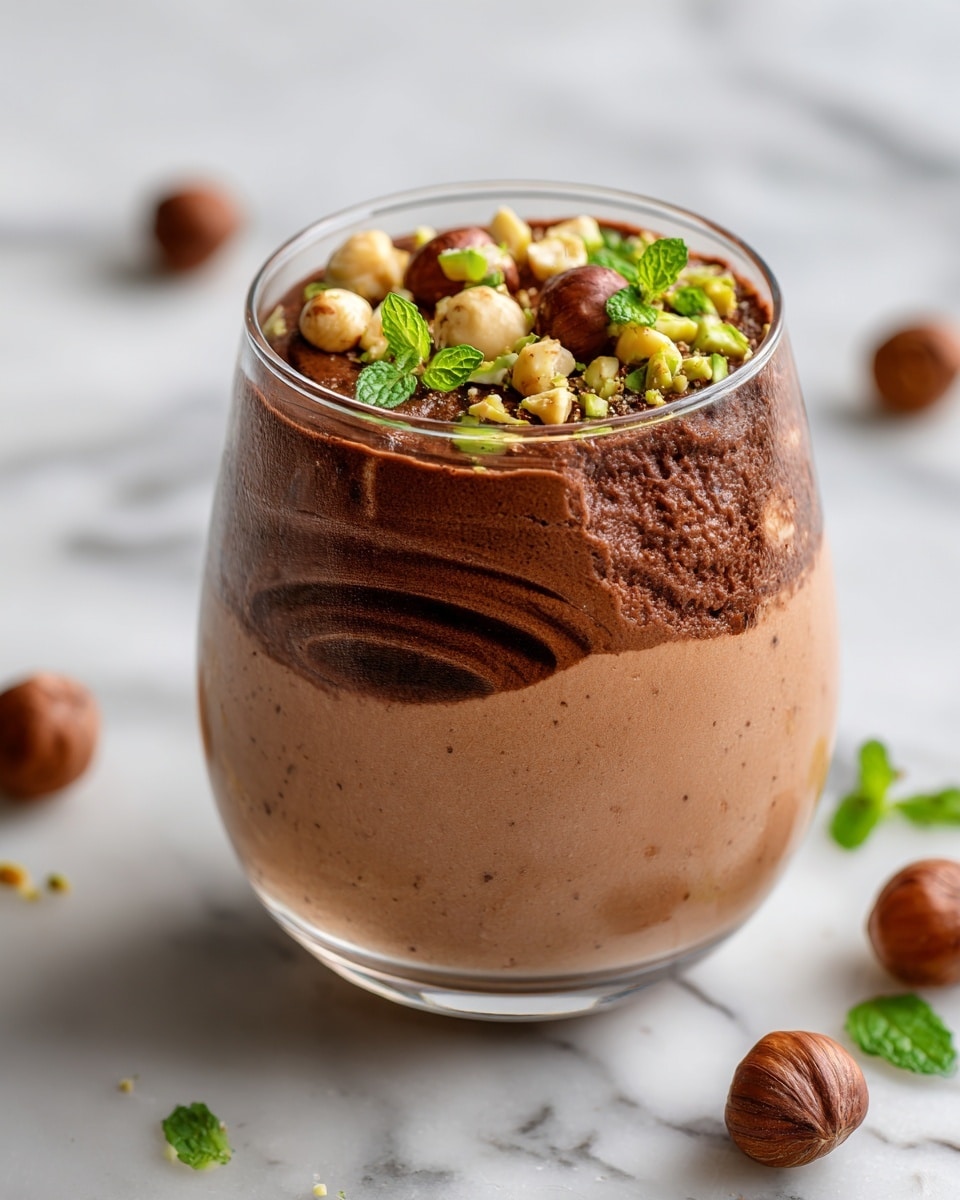 A clear glass cup filled with three layers of creamy chocolate mousse, the bottom layer light brown and smooth, the middle layer slightly darker and thicker, and the top layer dark chocolate with a glossy swirl. On the top, there are small white chocolate chips, light green crushed pistachios, whole hazelnuts scattered around, and a fresh green mint leaf as decoration. The glass is placed on a white marbled surface. The photo was taken with an iphone --ar 4:5 --v 7