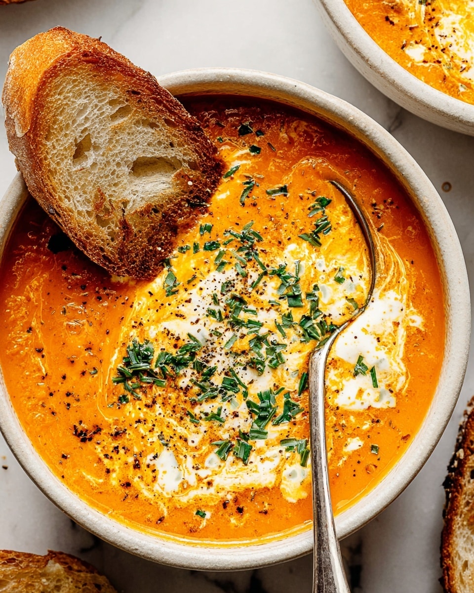 A bowl filled with thick, creamy orange soup with a rich texture showing small chunks and swirls of white cream on top, sprinkled with finely chopped green herbs and black pepper. A toasted slice of golden-brown bread rests on the edge of the white bowl, which sits on a white marbled surface. There is another slice of bread partially visible beside the bowl and a silver spoon inside the soup, slightly submerged. photo taken with an iphone --ar 4:5 --v 7