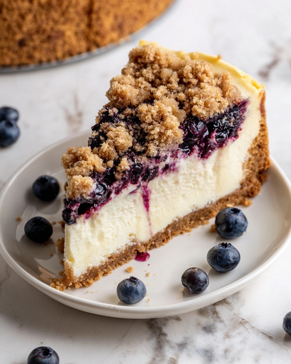 A slice of blueberry cheesecake sits on a white plate with a white marbled background. The slice has three visible layers: a golden brown crumbly graham cracker crust at the bottom, a thick creamy white cheesecake layer in the middle, and a crumbly light brown streusel topping with scattered dark purple blueberries mixed in. The blueberries’ juice slightly bleeds into the cheesecake layer near the top edge, adding some purple-red streaks. There are whole blueberries placed on the plate around the cheesecake. Photo taken with an iphone --ar 4:5 --v 7