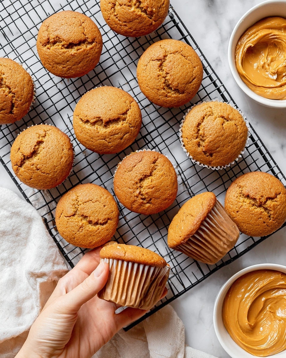 The image shows a group of golden brown muffins arranged on a black cooling rack placed over a white marbled surface. The muffins have cracked, slightly domed tops with a soft, moist texture visible. Two muffins are tilted on their sides, showing ridged, light beige paper liners. On the right side, two white bowls are partially visible, one filled with an orange spread and the other with a smooth, light brown peanut butter. A woman's hand is gently holding one muffin in the bottom left corner, with a white cloth nearby. photo taken with an iphone --ar 4:5 --v 7