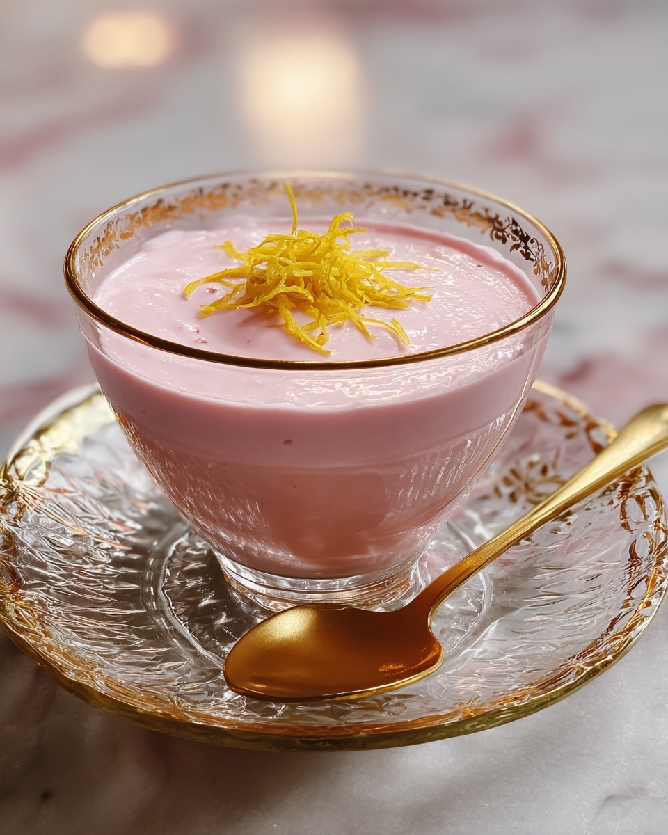 A clear glass cup with a gold rim holds a thick pink creamy dessert filling the cup almost to the top, with a small mound of thin yellow zest strands placed neatly in the center on top. The cup sits on an ornate transparent glass saucer with a gold rim, and a shiny gold spoon rests on the saucer beside the cup. The scene is set on a white marbled texture surface with soft, blurred patterns in the background. Photo taken with an iphone --ar 4:5 --v 7