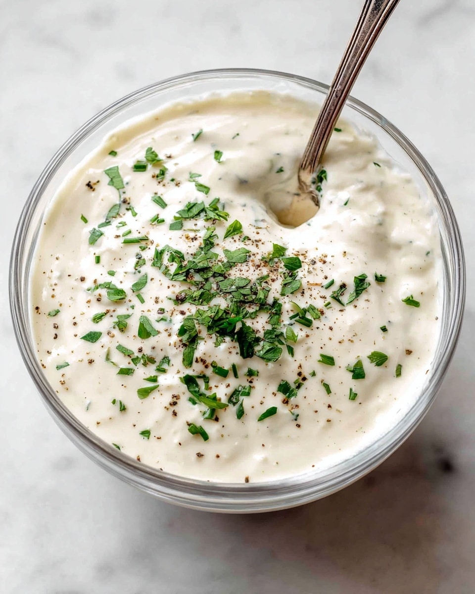 A clear glass bowl filled with a thick, creamy white sauce that has a slightly lumpy texture. On top, fresh green chopped herbs and a sprinkle of black pepper are scattered evenly, adding color contrast. A spoon is partially dipped into the sauce, showing its smooth and rich consistency, with some sauce clinging to the spoon. The bowl sits on a white marbled surface, enhancing the fresh and clean look of the dish. photo taken with an iphone --ar 4:5 --v 7