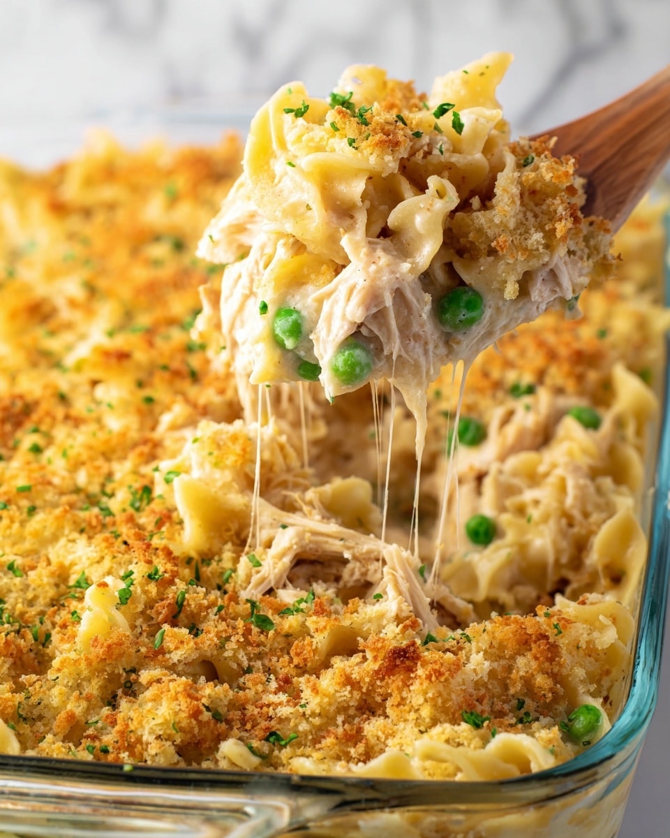 This image shows a close-up of a baked pasta dish in a clear glass baking pan set on a white marbled surface. The dish has a golden brown, crispy breadcrumb topping sprinkled with small green herbs. Beneath the topping, there are creamy layers of light yellow pasta noodles mixed with shredded white chicken pieces and bright green peas. A wooden spoon is lifting a portion of pasta that stretches with melted cheese strands, showing the creamy texture. The colors range from golden and light yellow to green, with a crunchy textured top layer and soft pasta inside. Photo taken with an iphone --ar 4:5 --v 7