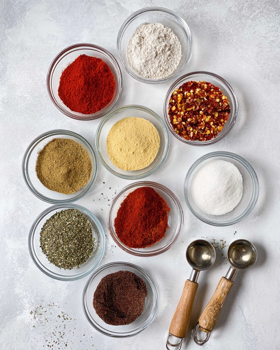 The image shows ten clear glass bowls arranged close together on a white marbled surface, each bowl holding a different spice or seasoning with various colors and textures. Starting from the top left, there is a bowl with bright red powder, next to it is a bowl with a coarse white substance. Adjacent to that is a bowl containing red chili flakes with yellow seeds mixed in. Below the first bowl is a light yellow powder, and next to it is a bowl with brownish-green powder. To the right below the chili flakes bowl is a bowl with dark red powder. Below these, on the left side, there is a bowl filled with crushed green herbs, a bowl with black pepper powder, and a bowl with a fine white powder. On the bottom right, two metal measuring spoons with wooden handles rest on the surface. The layout is clean and organized against the softly textured white marbled background. Photo taken with an iphone --ar 4:5 --v 7