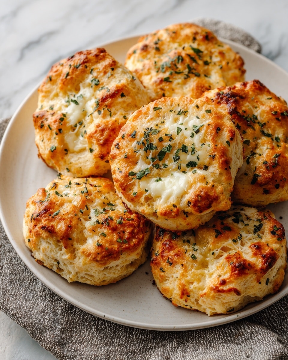 A white plate holds six round, golden-brown biscuits with a slightly rough, cracked surface. Each biscuit has melted white cheese embedded and sprinkled on top, with bits of green herbs scattered across for a fresh touch. The biscuits have an uneven texture with some darker toasted spots. The plate is set on a white marbled surface with a textured grey cloth partially visible beneath. photo taken with an iphone --ar 4:5 --v 7