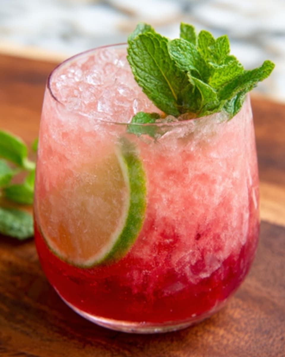 The image shows a close-up of a round clear glass filled with crushed ice and a pinkish-red drink. Inside the glass, there is a thin slice of lime pressed against the side, visible through the glass. On top of the ice is a small sprig of fresh mint leaves, bright green and textured. The glass is placed on a brown wooden surface with a white marbled texture background softly blurred in the distance. Photo taken with an iphone --ar 4:5 --v 7