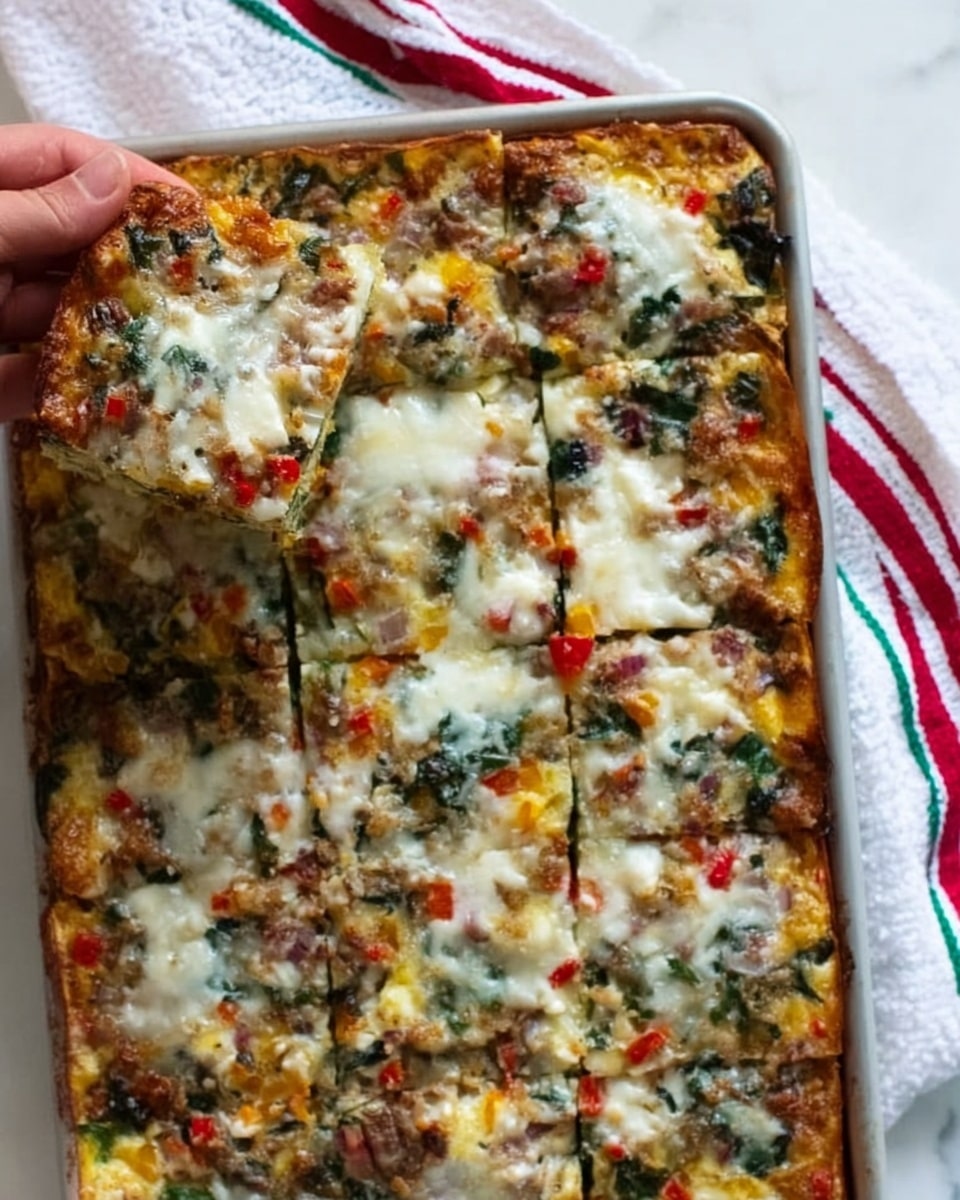 The image shows a rectangular baked dish cut into square pieces. The dish has a top layer with melted white cheese spread unevenly, revealing bits of colorful vegetables underneath. The vegetables include small red and orange pieces, dark green leafy parts, and some light yellow areas mixed throughout. The texture looks soft with a slightly golden crust around the edges. The dish is placed on a white marbled surface with a white cloth that has red and green stripes on the right side. A woman's hand is holding one piece from the top left corner. Photo taken with an iphone --ar 4:5 --v 7