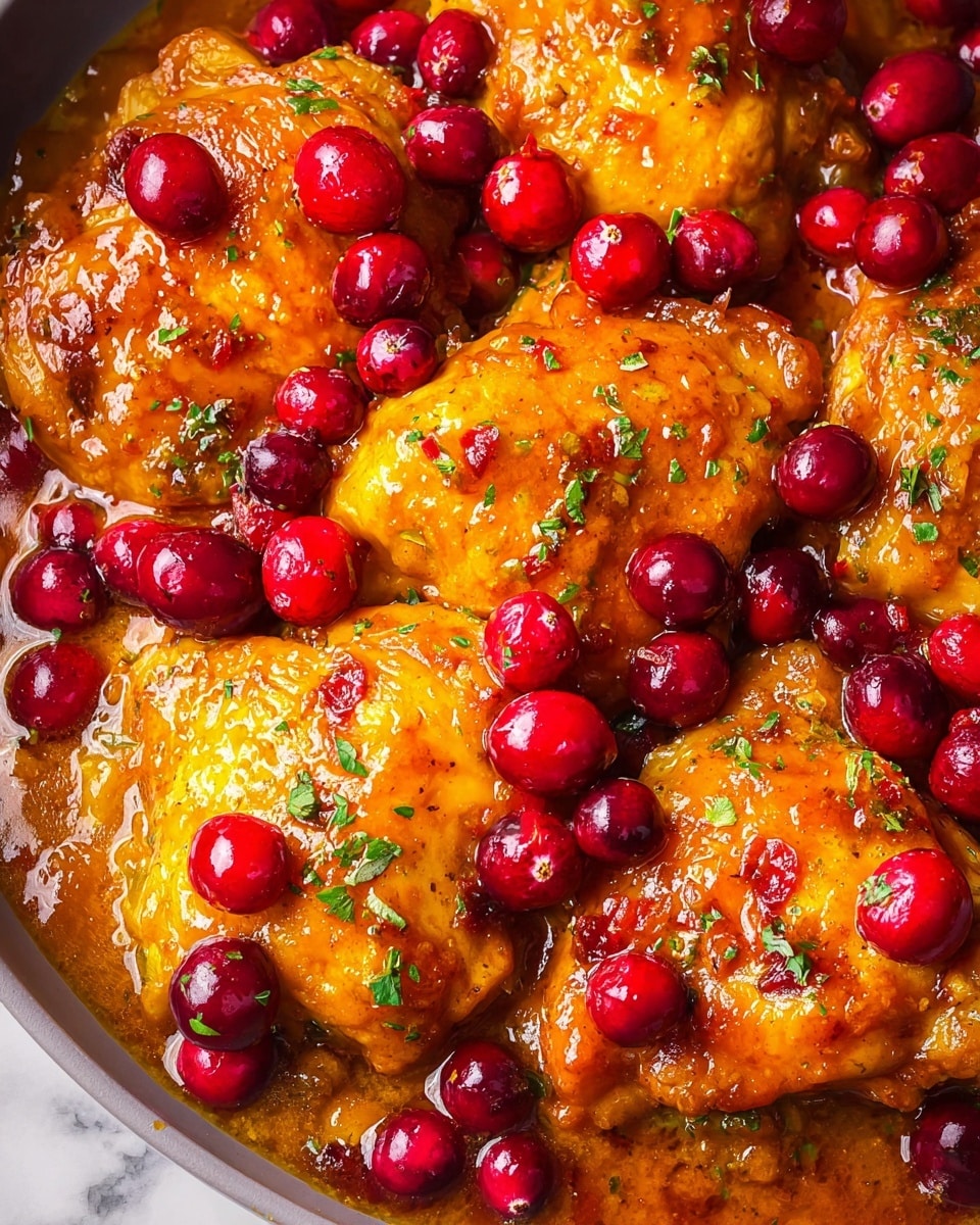 The image shows several golden-brown cooked chicken thighs covered in a thick, glossy orange sauce. Bright red whole cranberries are scattered generously over the chicken, adding contrast to the warm golden color. Small bits of green herbs are sprinkled on top, adding texture and color variation. The sauce appears rich and slightly sticky, pooling around the chicken pieces. The dish is presented on a white marbled surface. photo taken with an iphone --ar 4:5 --v 7
