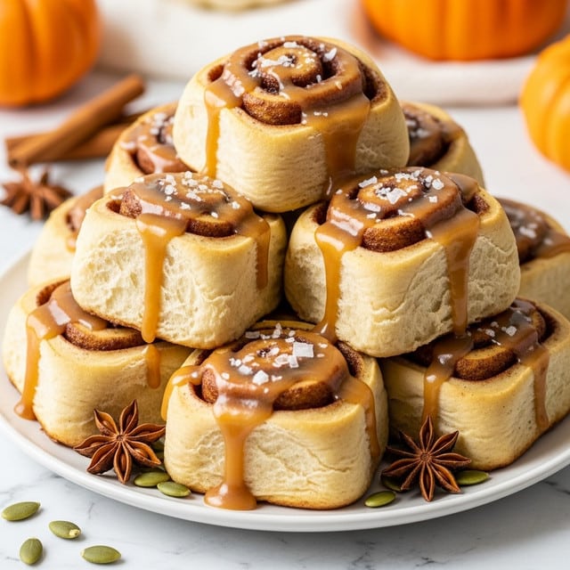 A white plate piled high with soft cinnamon rolls, each roll showing a golden-brown color with visible swirls of cinnamon spice inside. The rolls are thick and fluffy, stacked in multiple layers, and generously drizzled with a smooth, light caramel glaze that glistens as it runs down the sides. Large flakes of coarse salt are scattered on top, adding texture and contrast. At the edge of the plate are a few star anise pods and green pumpkin seeds, complementing the warm tones of the rolls. The setting features a white marbled texture beneath the plate, with blurred pumpkins and cinnamon sticks in the background, creating a cozy, autumn feel. Photo taken with an iphone --ar 4:5 --v 7