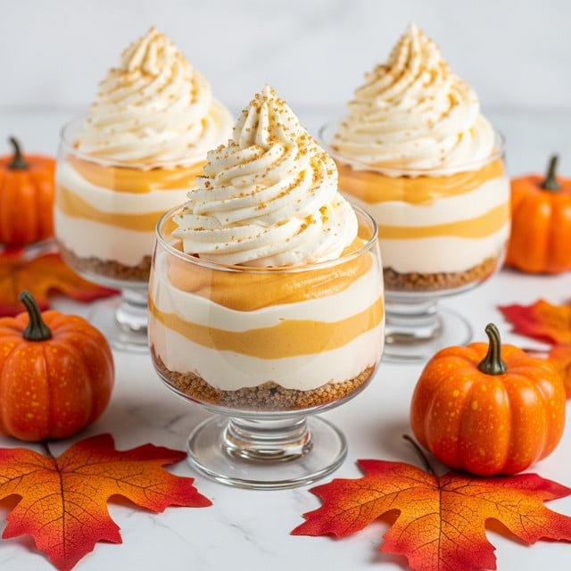 The dessert is served in a clear glass bowl with a short stem, showing four layers from bottom to top: a crumbly light brown base, a thick white creamy layer, a light orange creamy layer with some swirls blending into the white, and a tall, soft swirl of white whipped cream crowned with sprinkled brown crumbs. Around the bowls are small orange pumpkins and artificial red-orange leaves, all set on a white marbled surface. Photo taken with an iphone --ar 4:5 --v 7