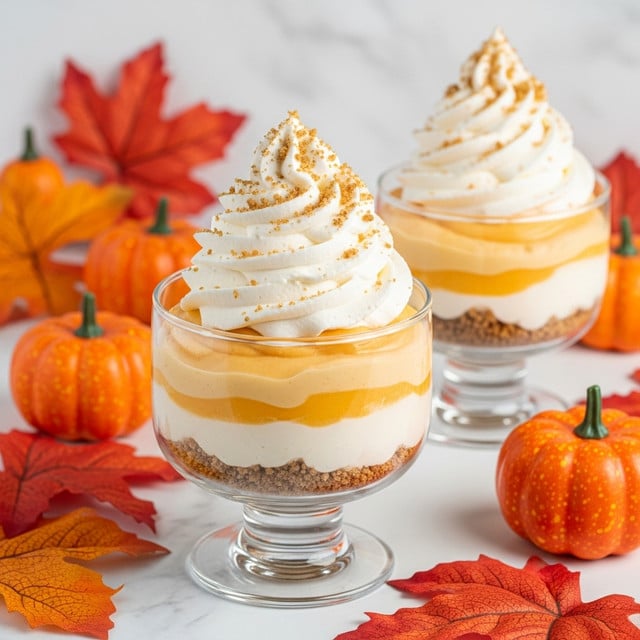 The image shows three clear glass dessert bowls, each filled with a layered pumpkin parfait placed on a white marbled surface. Each bowl has a base layer of crumbled brown graham crackers, followed by a thick white creamy layer. Above this is a smooth, light orange pumpkin layer that swirls slightly into the white layer below. The parfaits are topped with a large swirl of white whipped cream, sprinkled with more graham cracker crumbs and a dusting of cinnamon or nutmeg. Small orange decorative pumpkins and colorful fall leaves are arranged around the bowls for a festive touch. Photo taken with an iphone --ar 4:5 --v 7