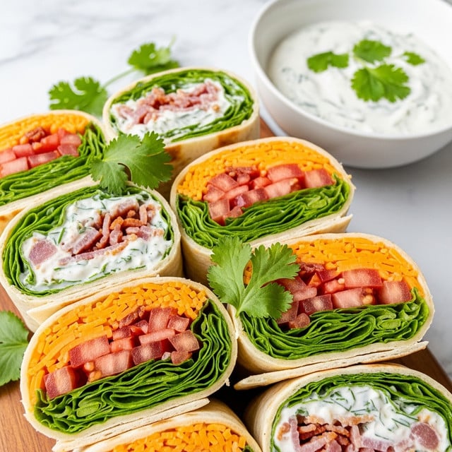 The image shows several cut tortilla wraps arranged side by side on a wooden board, revealing their colorful layers. Each wrap includes a thin, light brown outer tortilla, filled with bright orange shredded cheese, fresh green lettuce, red tomato pieces, and white creamy sauce. Bits of cooked bacon add a reddish-brown color in some wraps. Fresh cilantro leaves are placed on top and around the wraps, adding a touch of green. In the background, there is a small round white bowl filled with white sauce, garnished with a cilantro leaf on top. The whole scene is set on a white marbled surface with soft natural light. Photo taken with an iphone --ar 4:5 --v 7